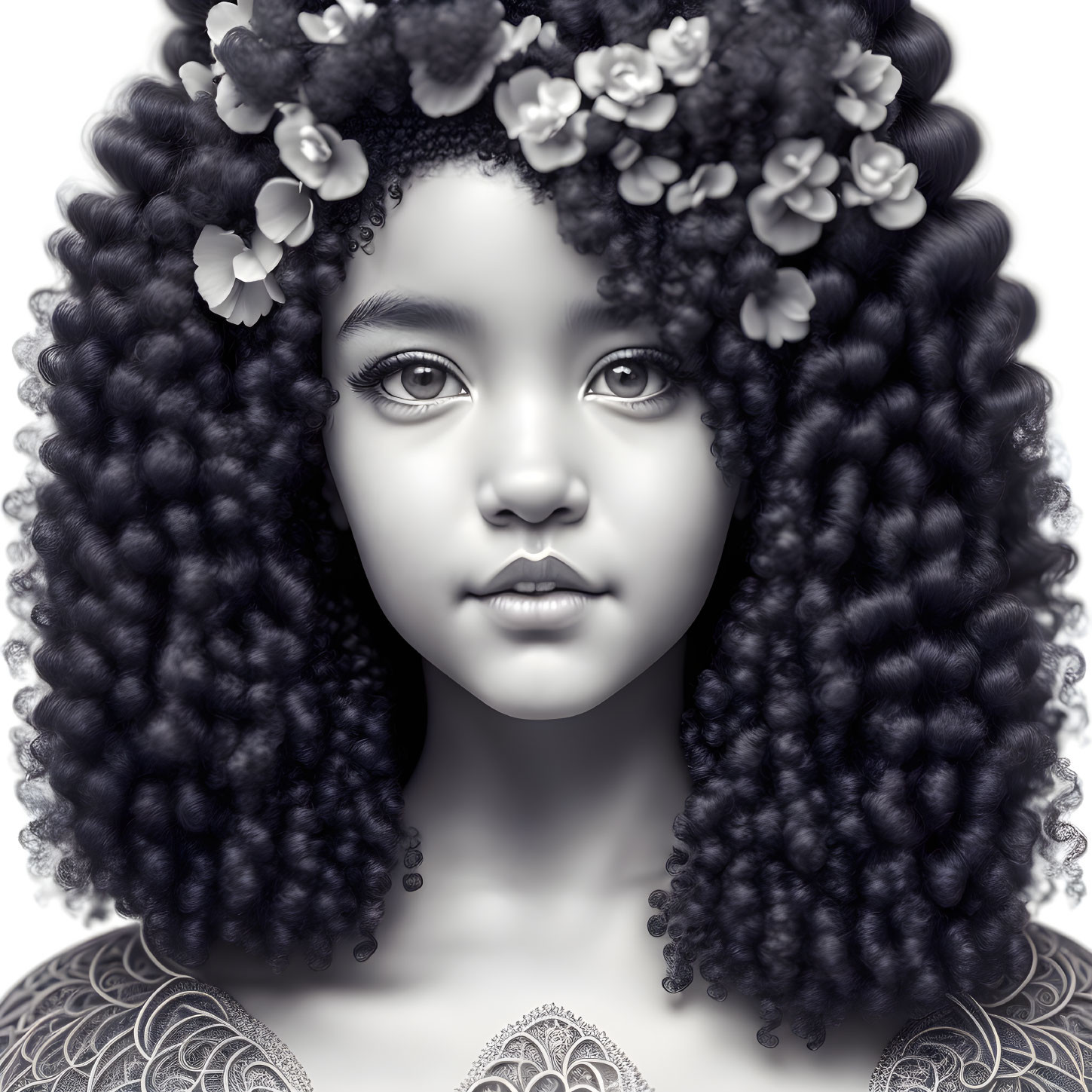 Monochrome portrait of a girl with curly hair and floral headpiece, intricate eyes, and lace attire