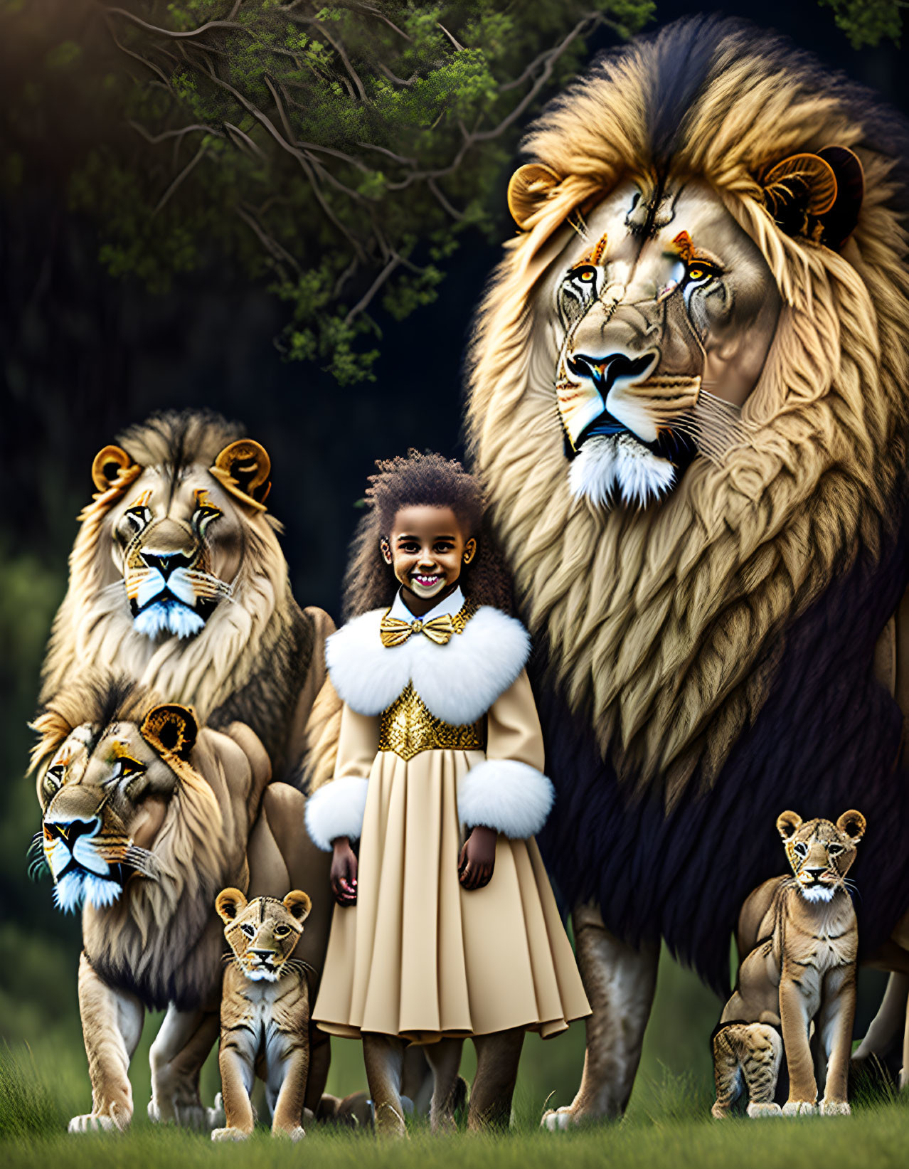 Young girl surrounded by six photorealistic lions in lush green landscape