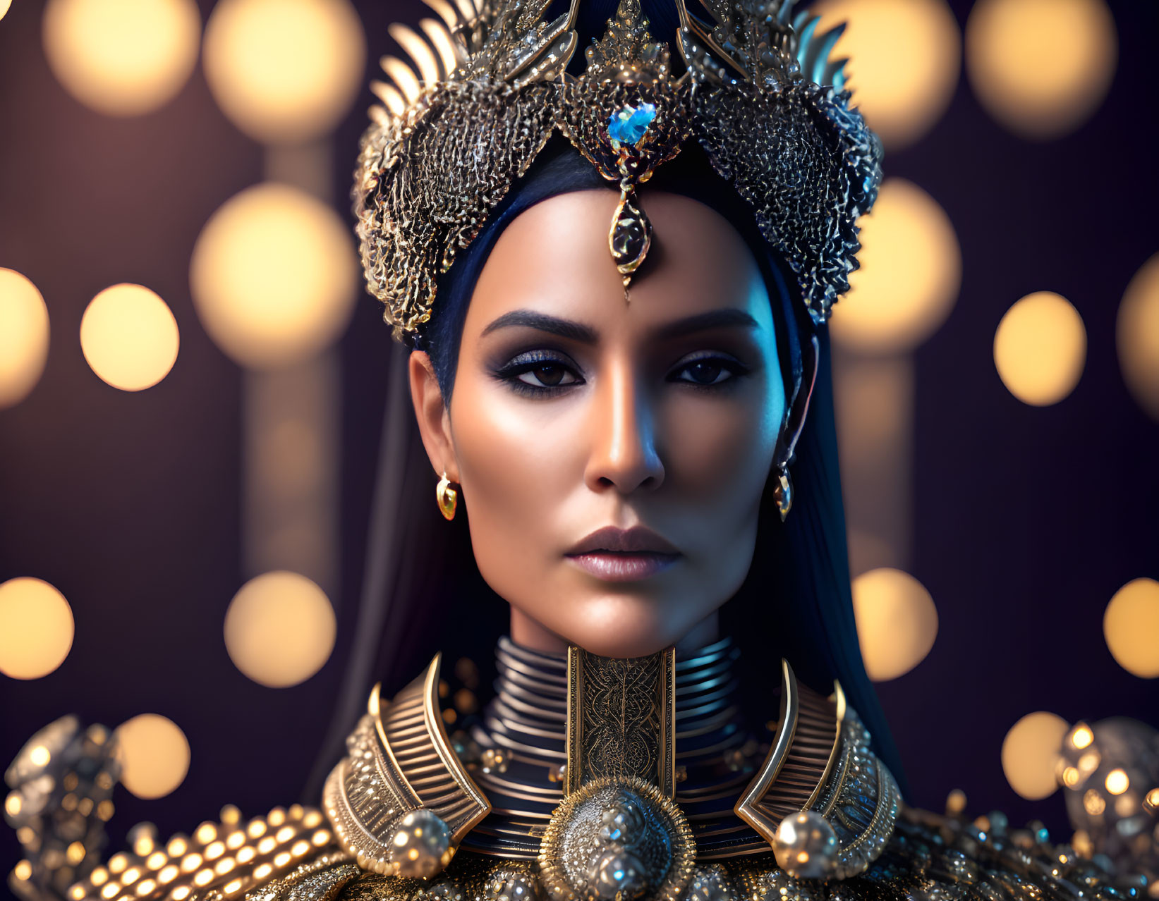 Luxuriously adorned woman with ornate headdress and jewelry gazing intensely.