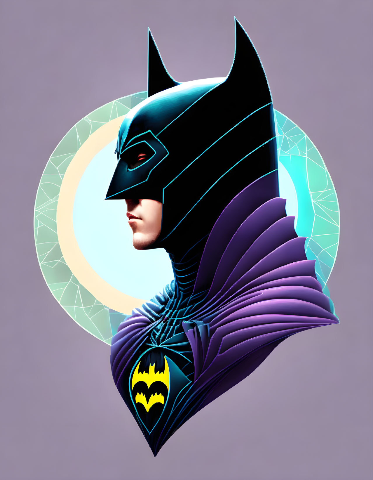 Profile Illustration of Batman with Stylized Cowl and Cape on Purple Geometric Background