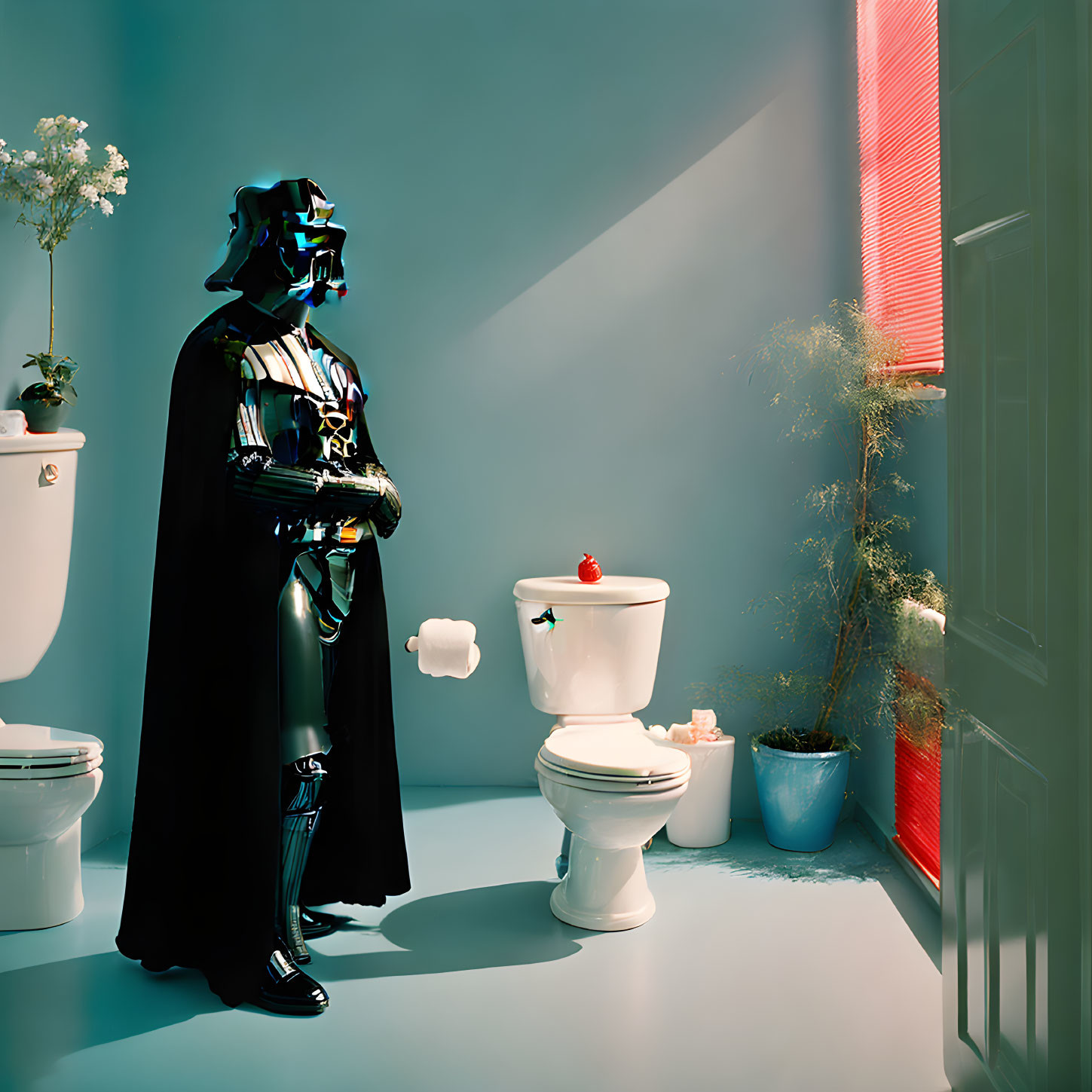 Surreal bathroom scene with Darth Vader and plant shadows