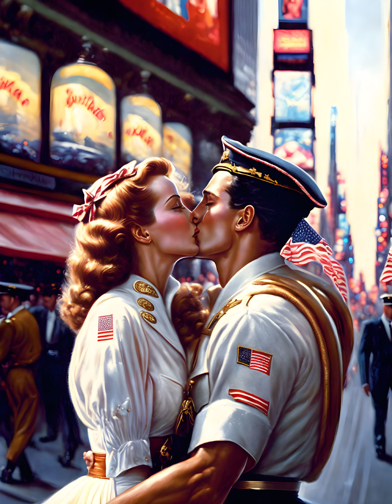 Man in sailor's uniform kissing woman in victory roll hairstyle on bustling, flag-adorned street