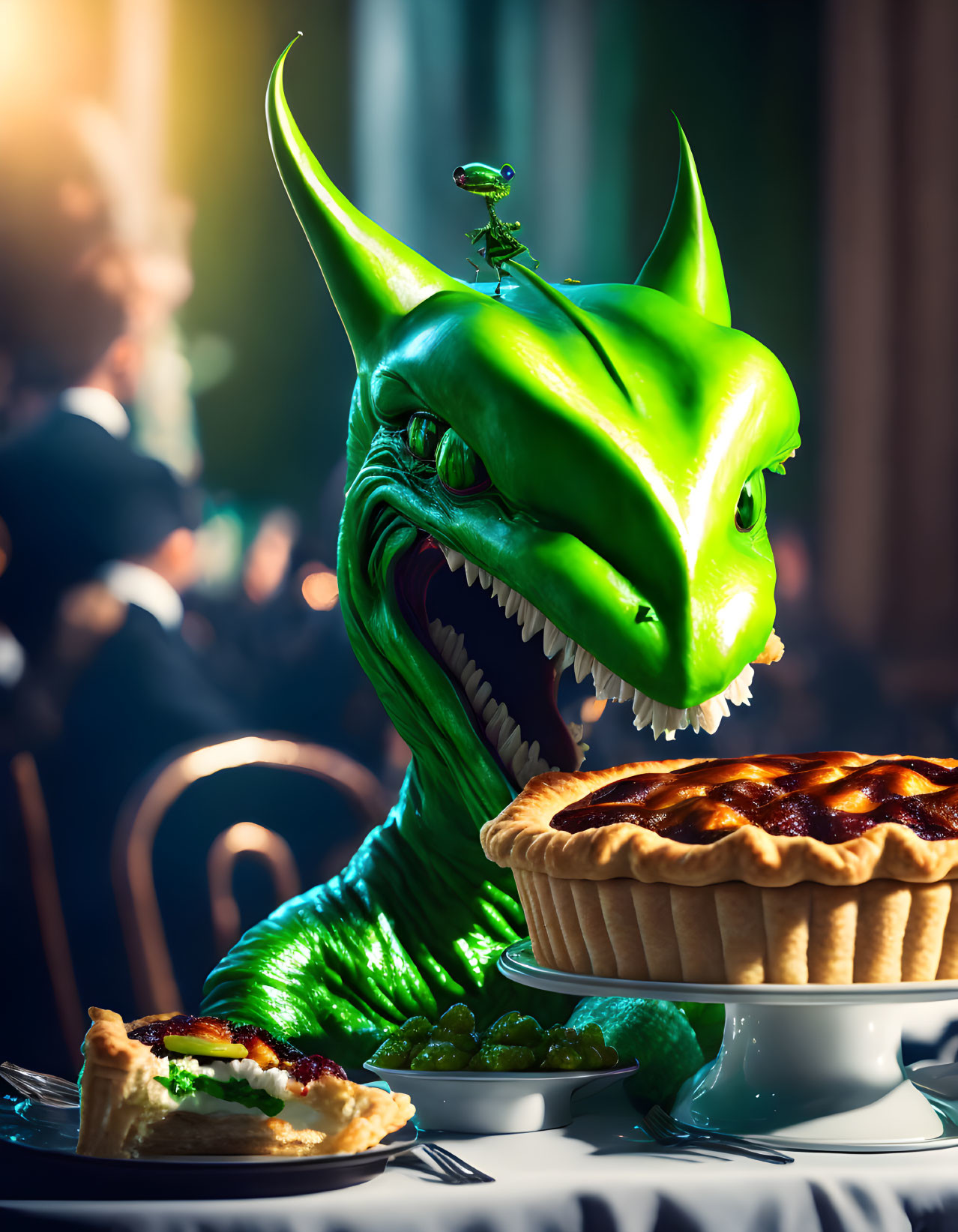 Green Toy Dragon with Small Man Figurine and Pie Slice Displayed