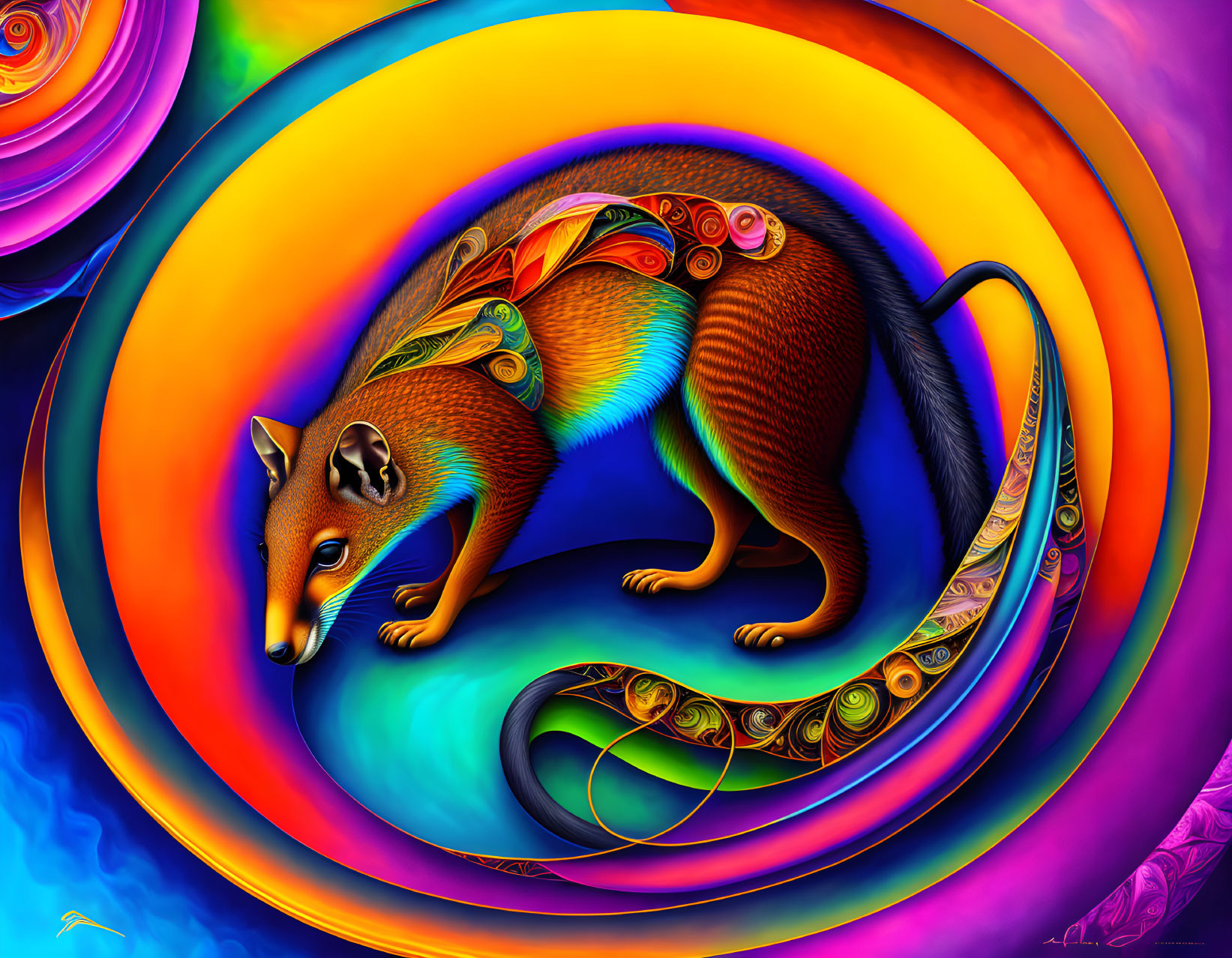 Colorful Psychedelic Fox Illustration with Swirling Patterns