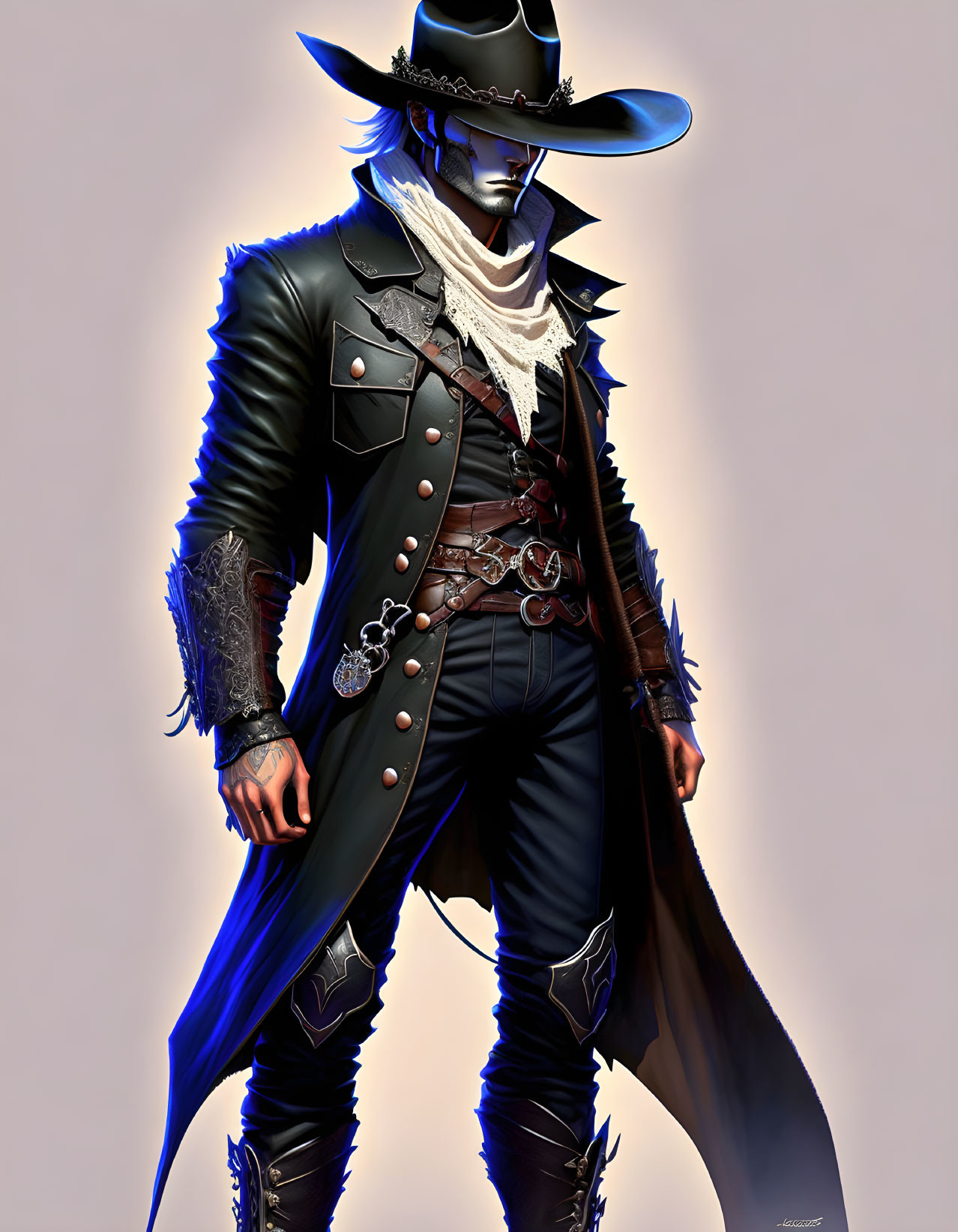 Stylized cowboy illustration with dark outfit and blue accents