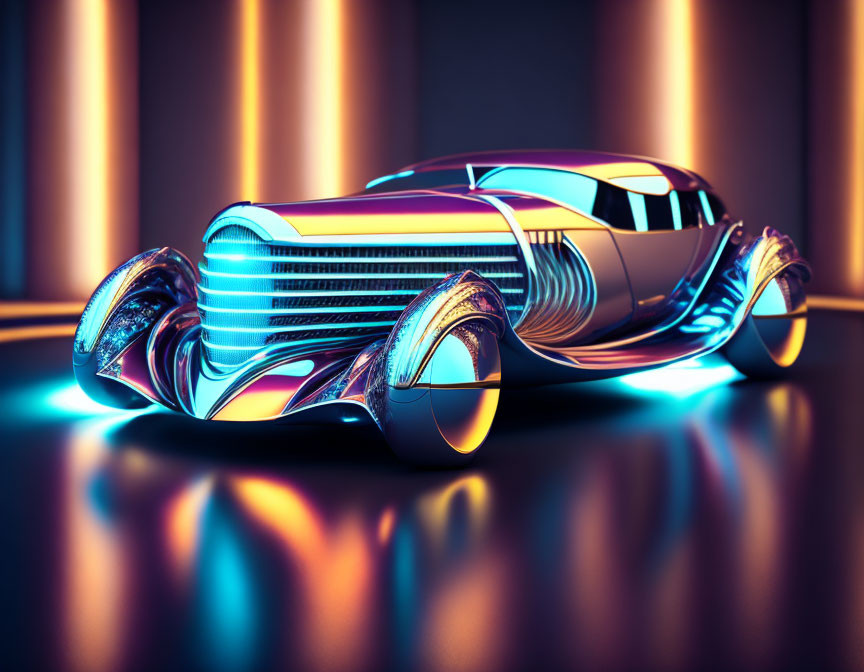 Sleek Chrome Car with Illuminated Grille and Ambient Lighting