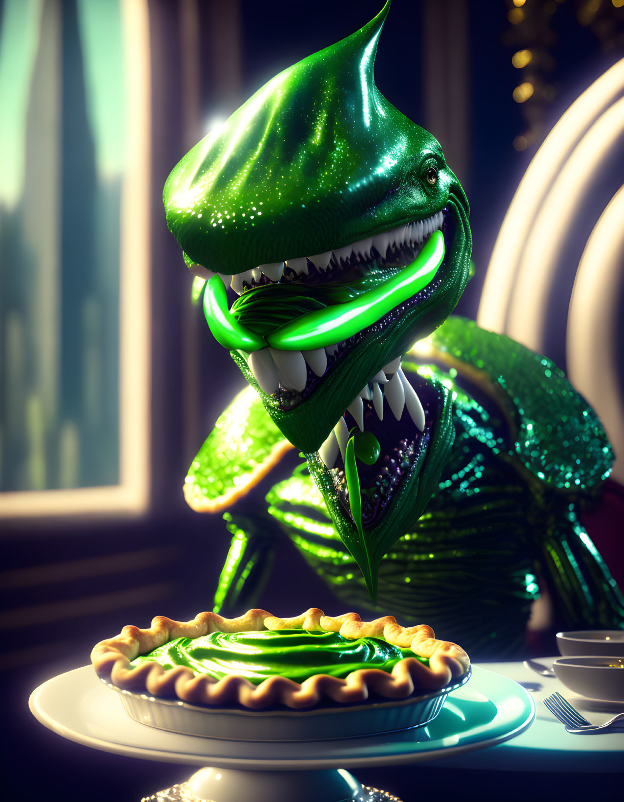 Shark-headed humanoid in green blazer smirking at pie in elegant room