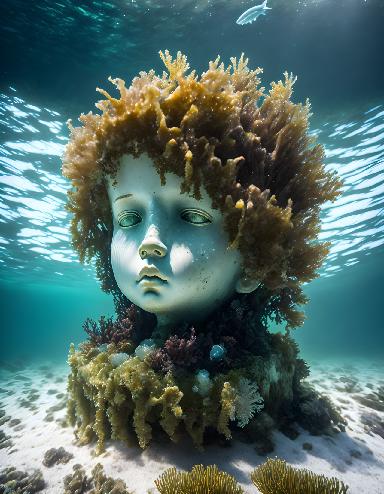 Child's head underwater sculpture with coral growth and natural light.