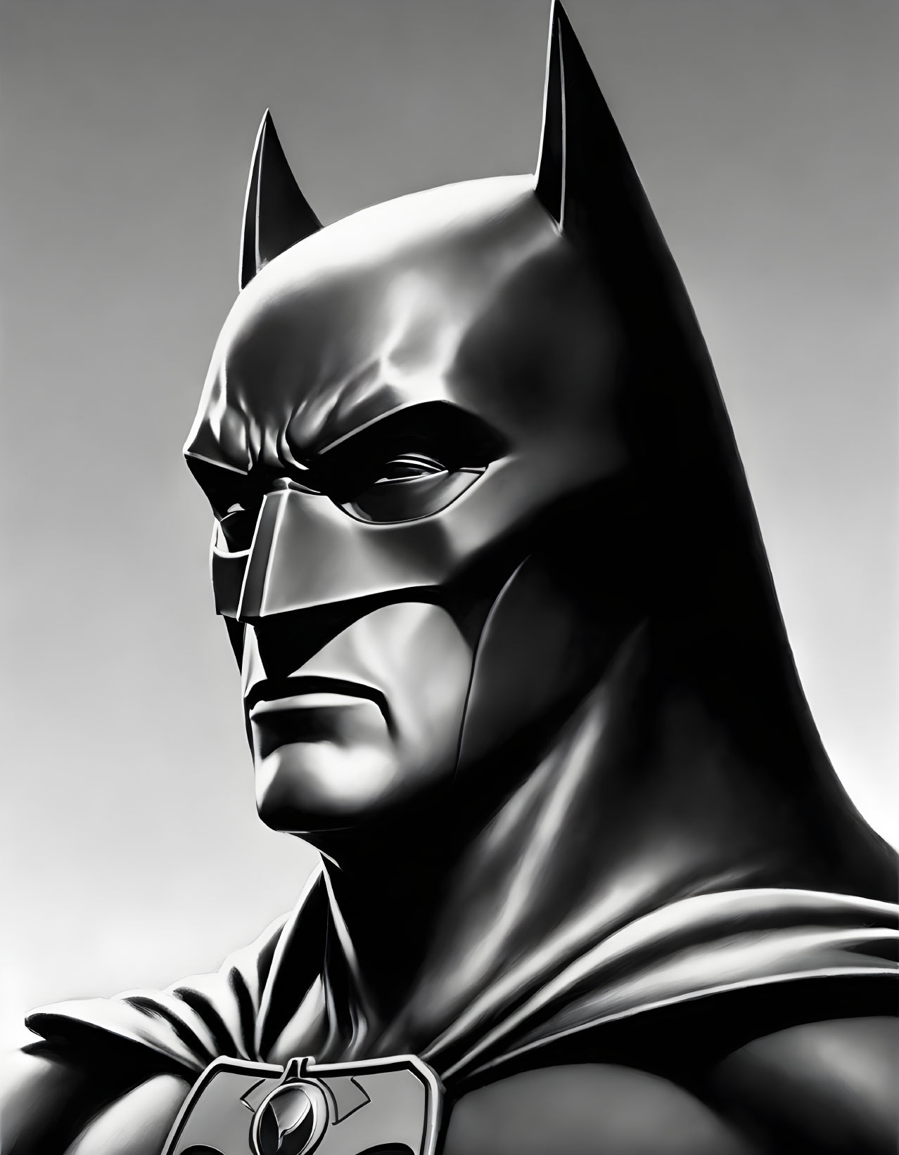 Monochrome Batman illustration with iconic mask, cowl, and cape