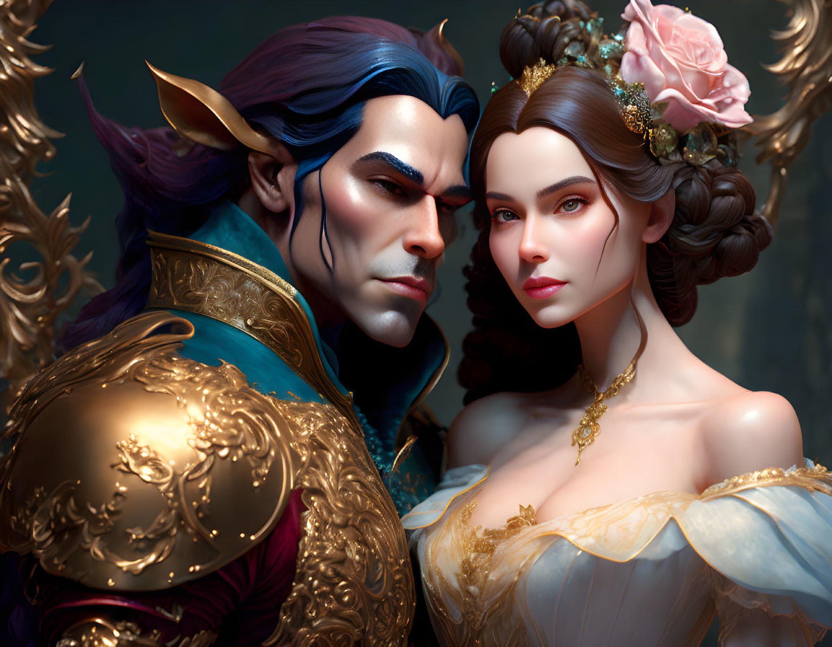 Fantasy elf male and human female in medieval attire portrait