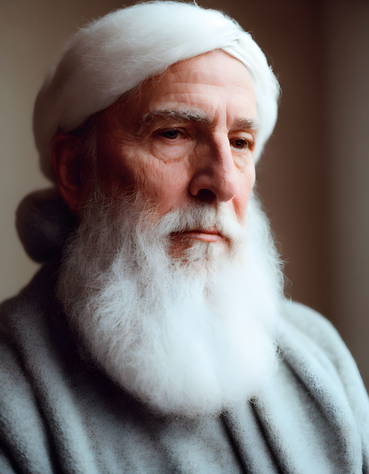 Elderly man with long white beard in white head wrap gazes sideways