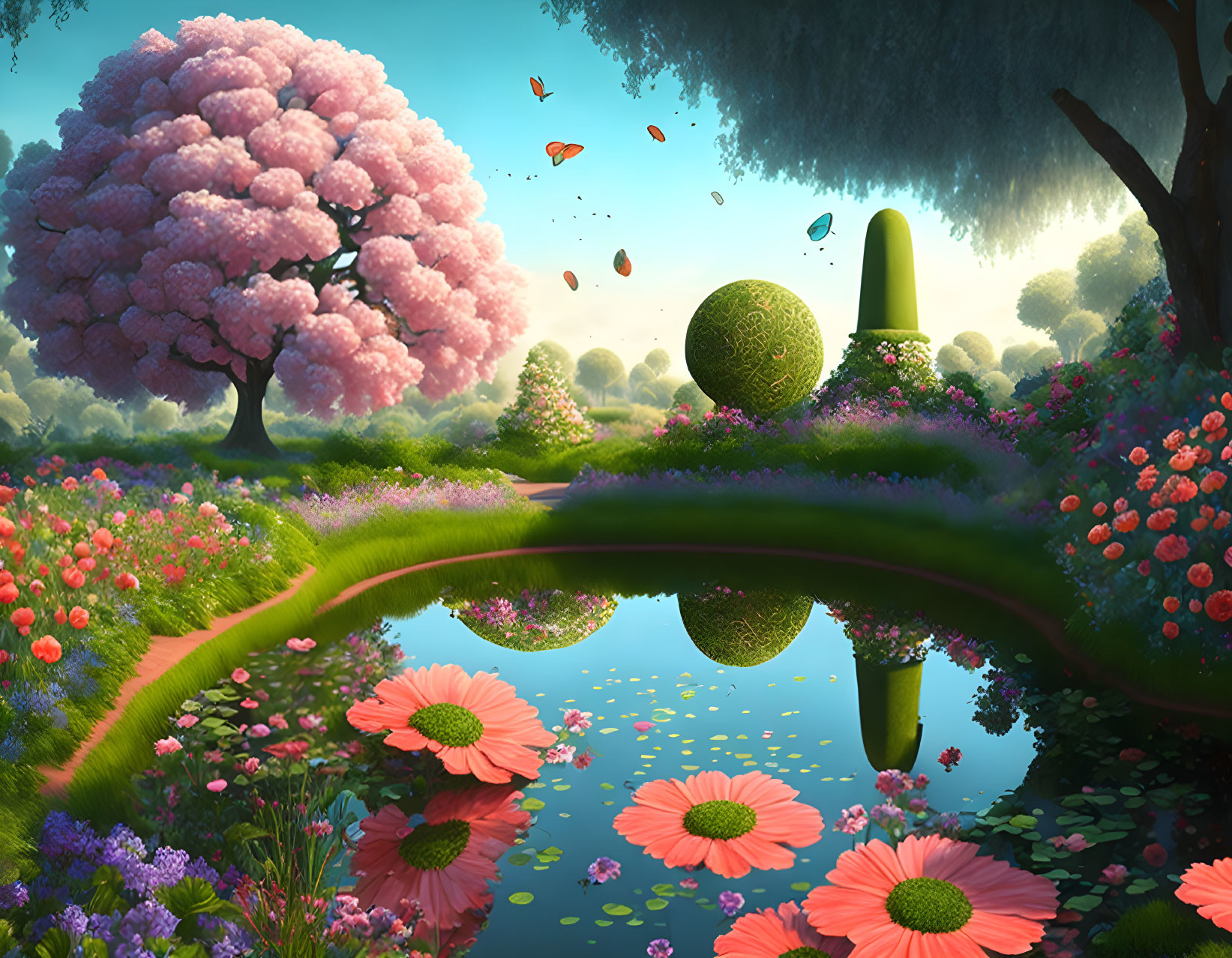 Colorful fantasy landscape with pink tree, flowers, butterflies, and serene pond