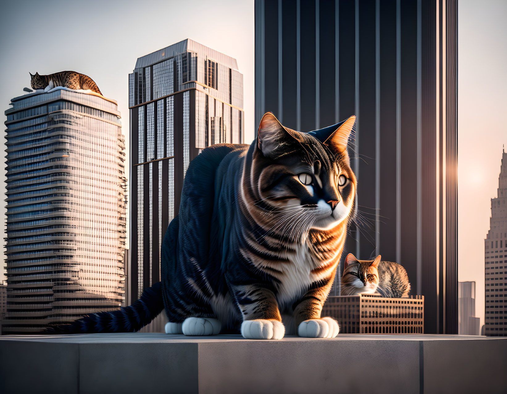 Enormous Tabby Cats Resting in Cityscape at Sunset