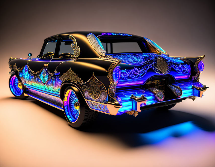 Vintage Car with Elaborate Neon Patterns and Underglow