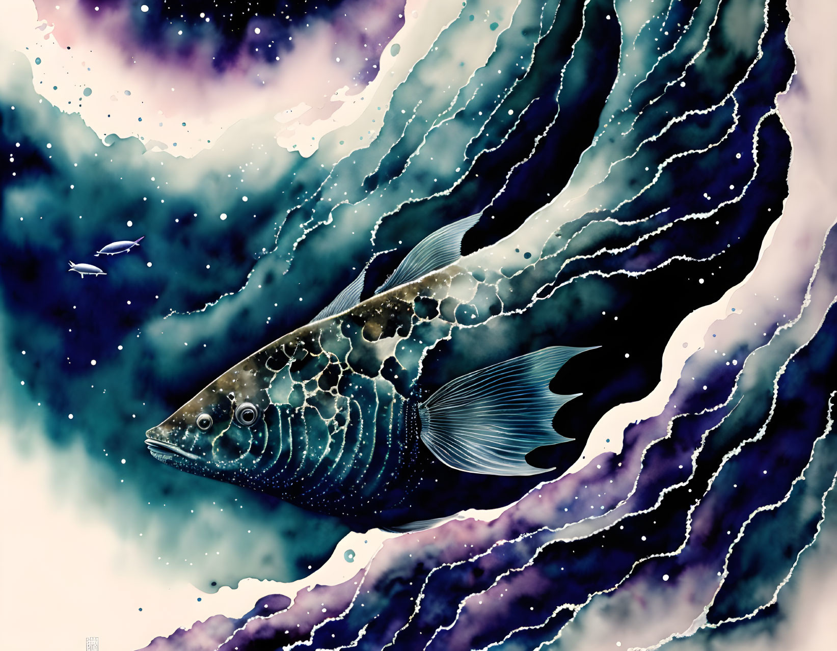 Large fish swimming in cosmic underwater universe