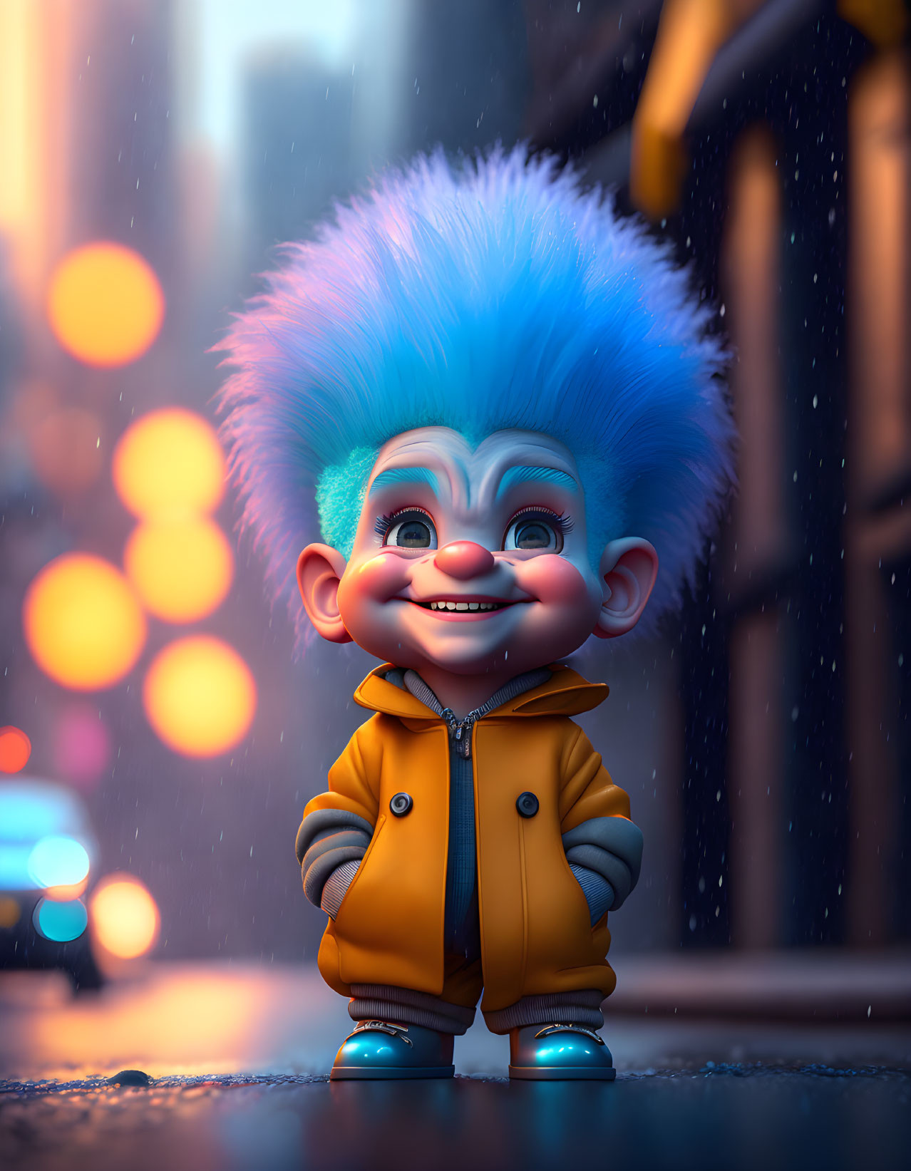 Blue-haired animated character in yellow jacket on rainy street