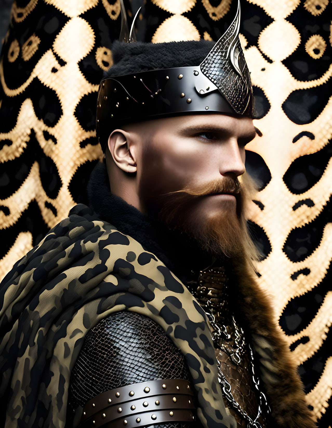 Bearded figure in studded helmet and chainmail with butterfly wings background