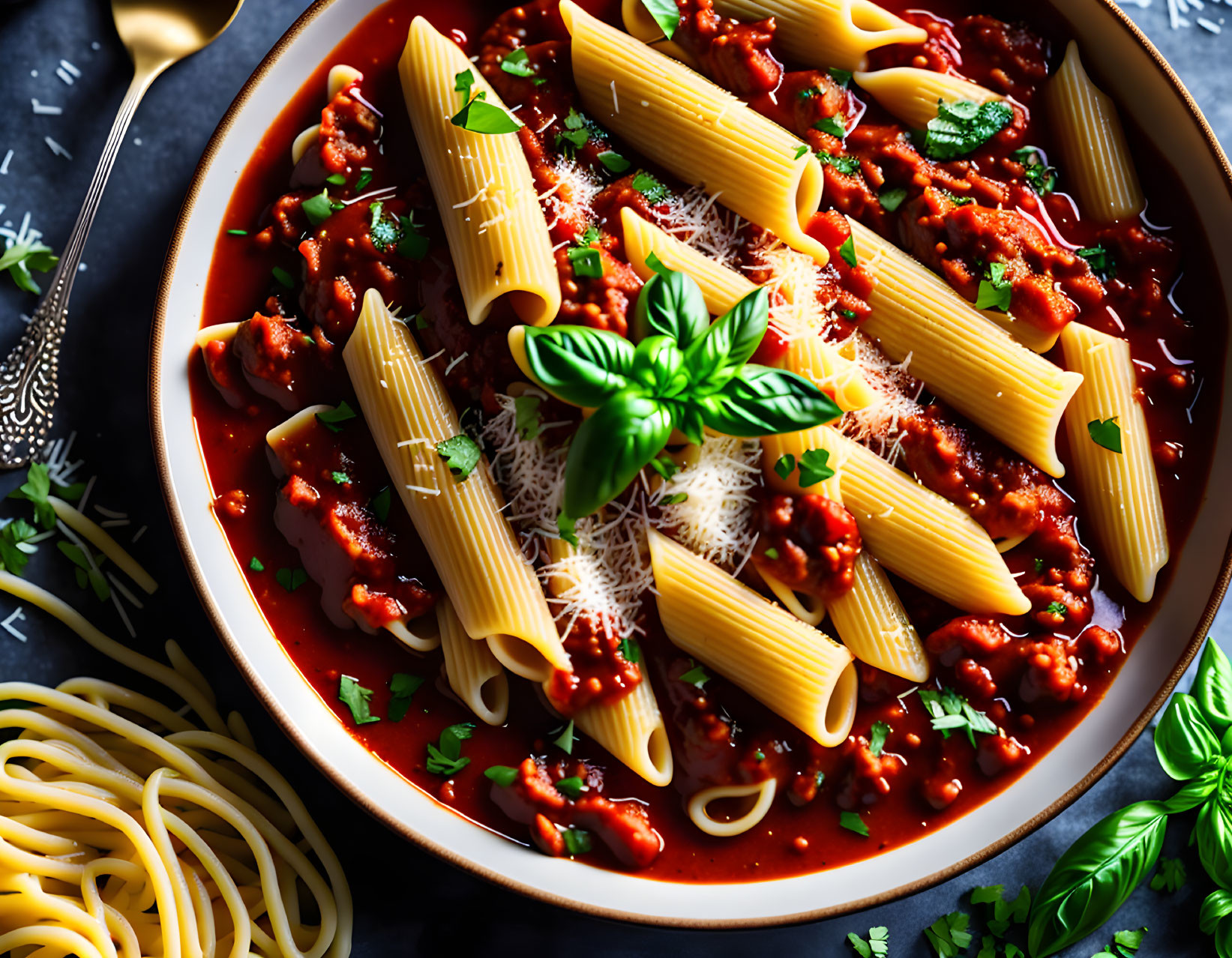 Bowl of pasta with tomato sauce, basil, and grated cheese on dark surface