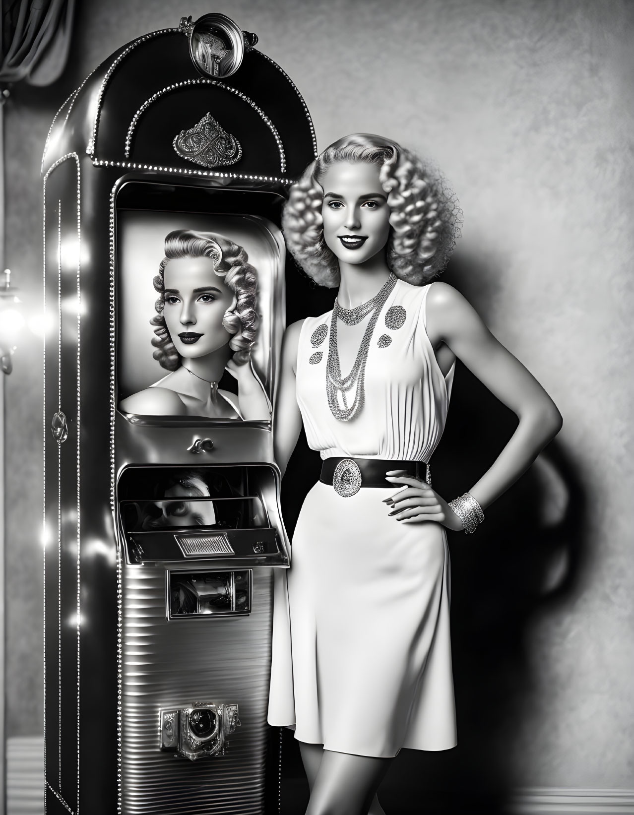 Vintage dress woman smiling next to classic jukebox with reflection