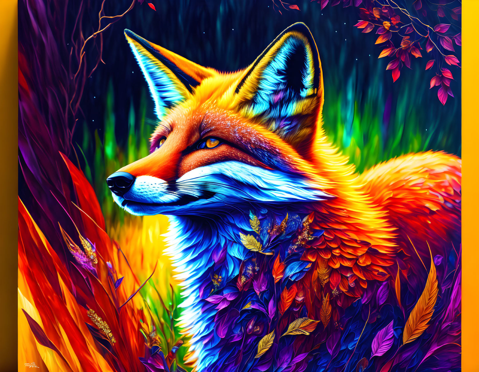 Colorful fox digital artwork in vibrant foliage setting