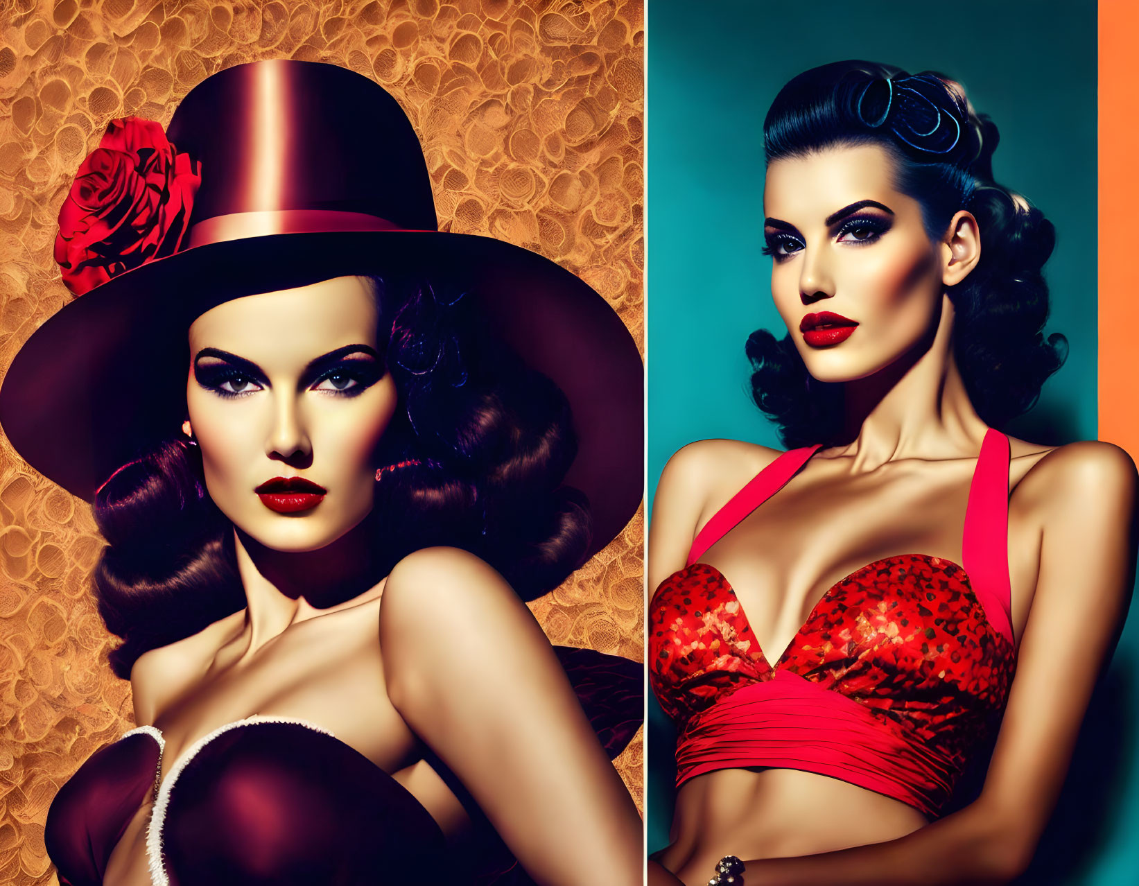 Split-image of woman: Wide-brimmed hat with rose vs. red leopard-print bikini top