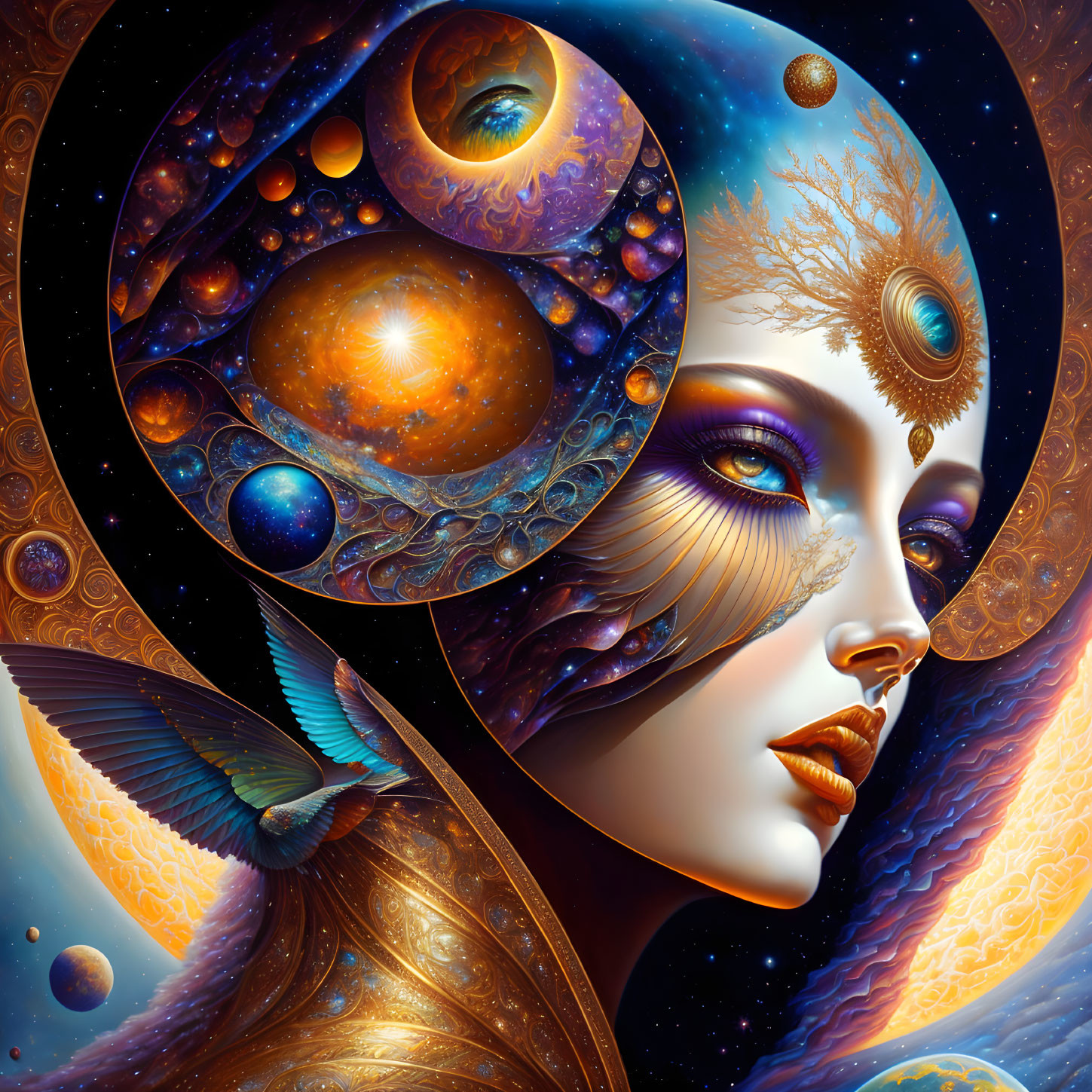 Surreal Artwork: Woman's Face with Cosmic Elements