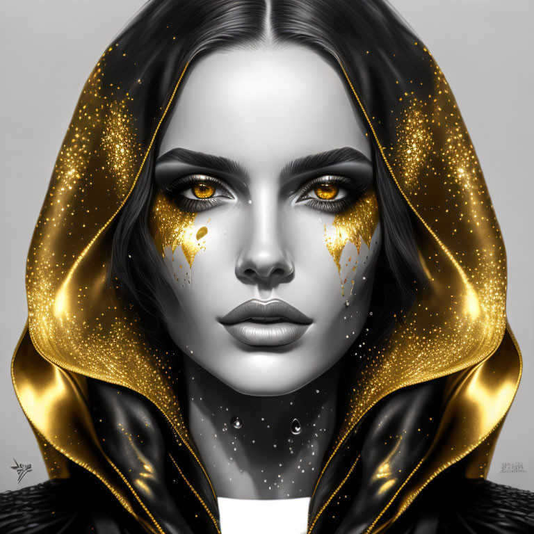 Monochromatic portrait of woman with gold makeup and star-like speckles