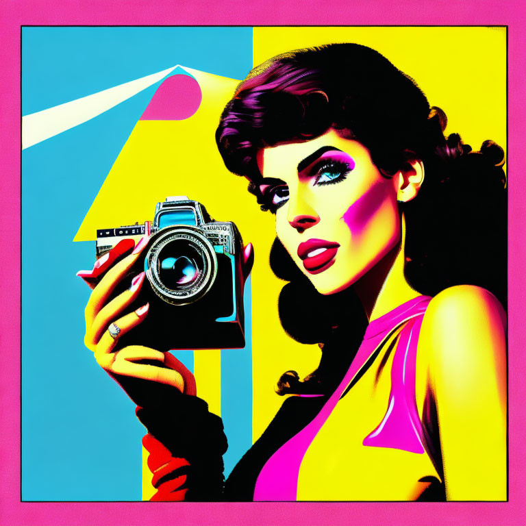 Pop Art Style Image: Woman with Retro Hairstyle and Camera on Neon Background