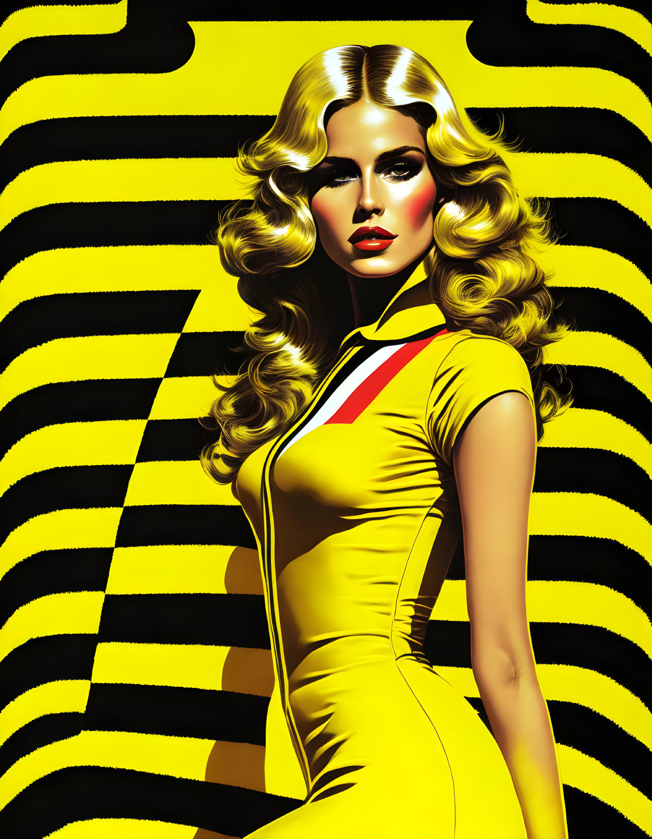 Woman with Classic Hollywood Hairstyle in Yellow Outfit on Striped Background