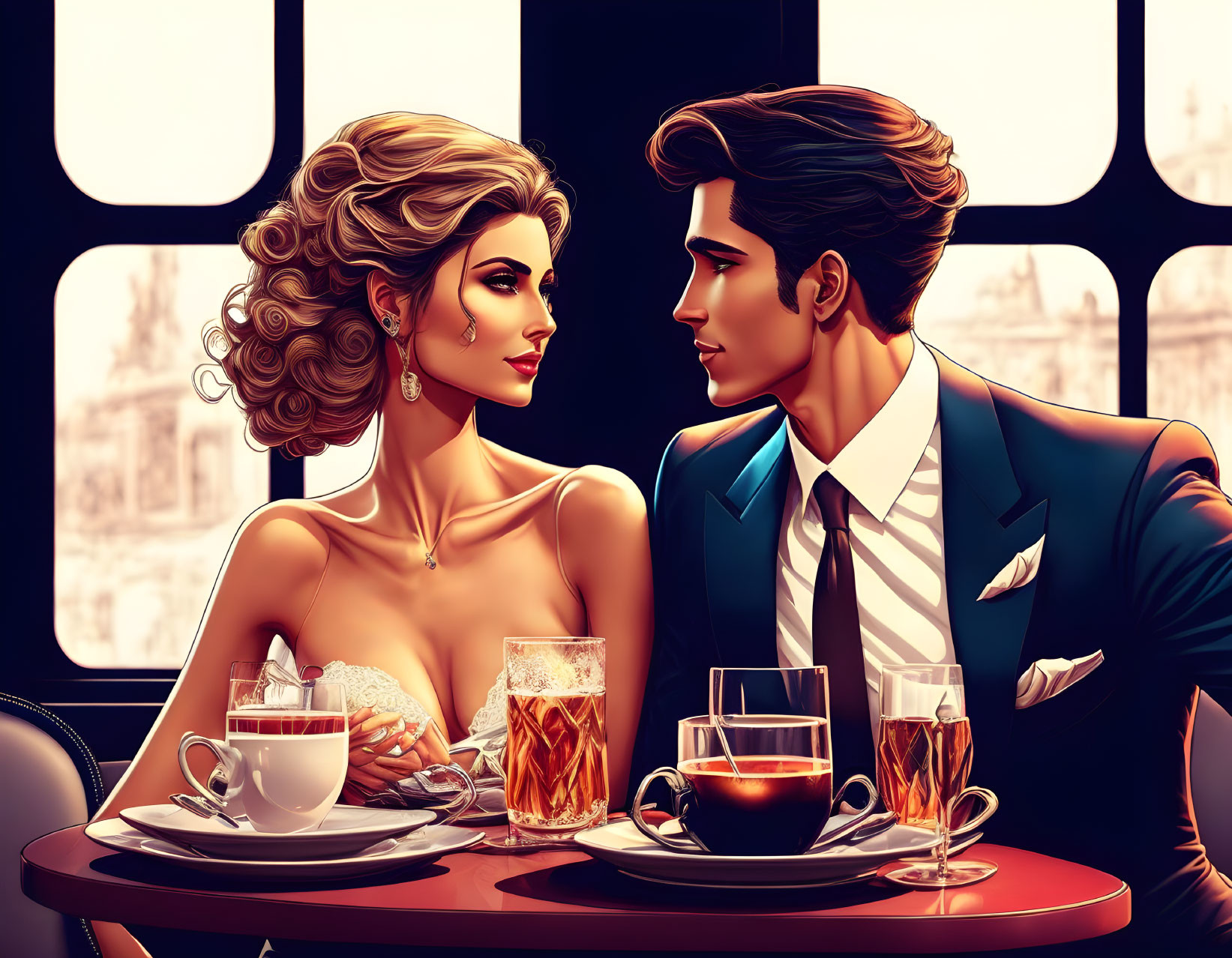 Illustrated couple in café with cityscape view.