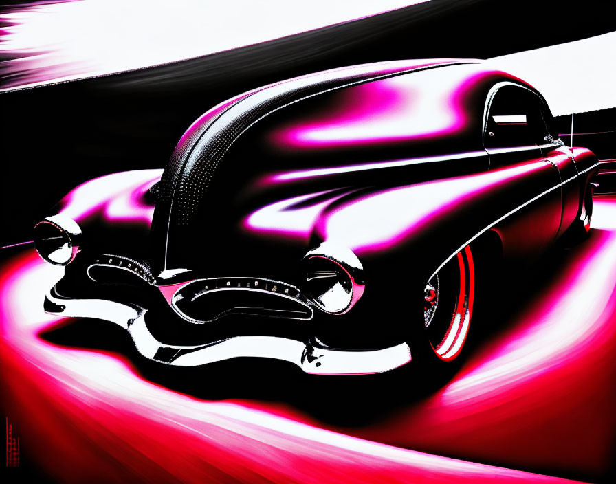 Digitally stylized classic car with purple and black design and dynamic white and pink lines.