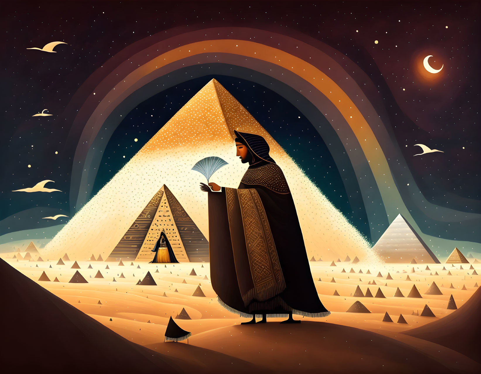 Stylized illustration of figure in cloak with fan, pyramids, starry sky, rainbows