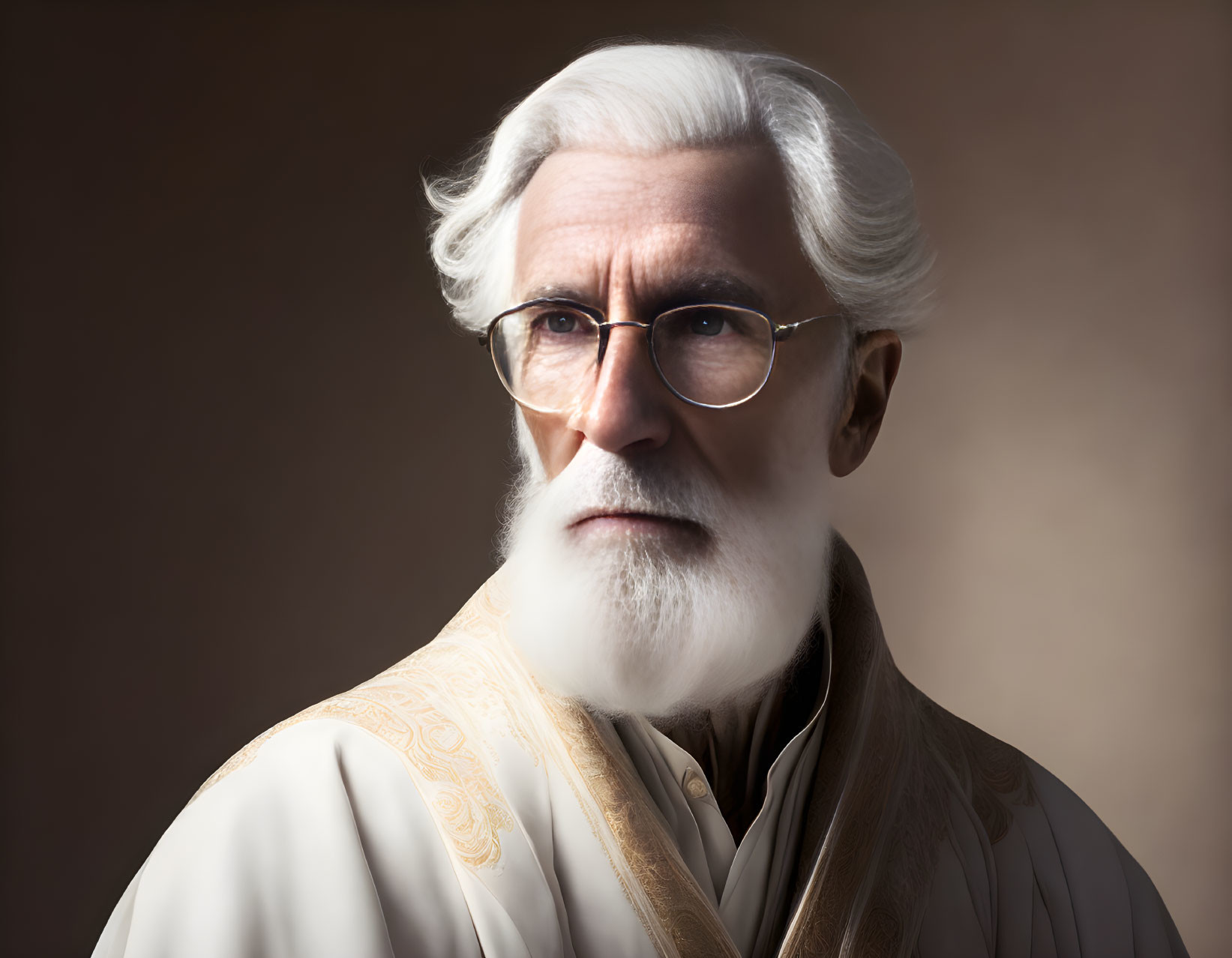 Elderly man with white hair and beard in traditional attire and glasses on brown backdrop