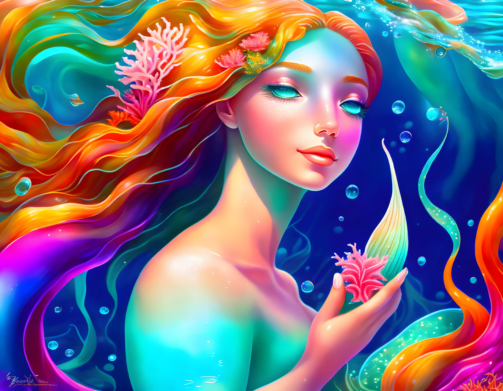 Colorful Mermaid Illustration with Coral, Shell, and Underwater Scene