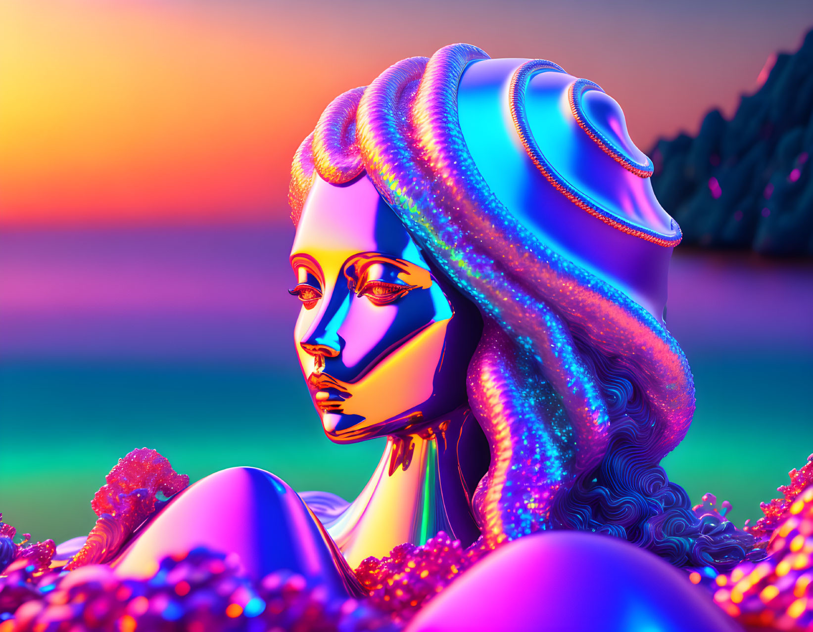 Colorful 3D metallic female figure with wavy hair in sunset by the sea