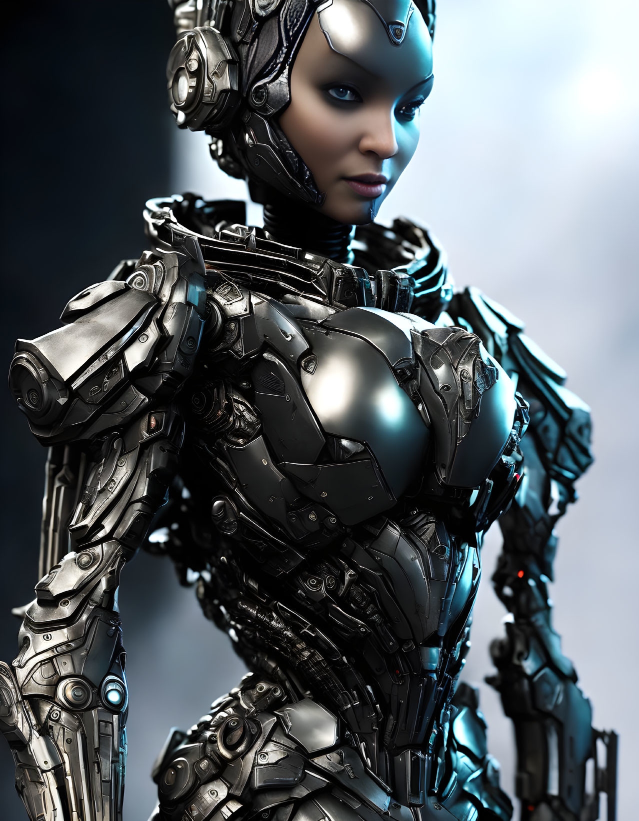 Detailed Female Humanoid Robot with Intricate Metallic Armor and Blue Glowing Elements