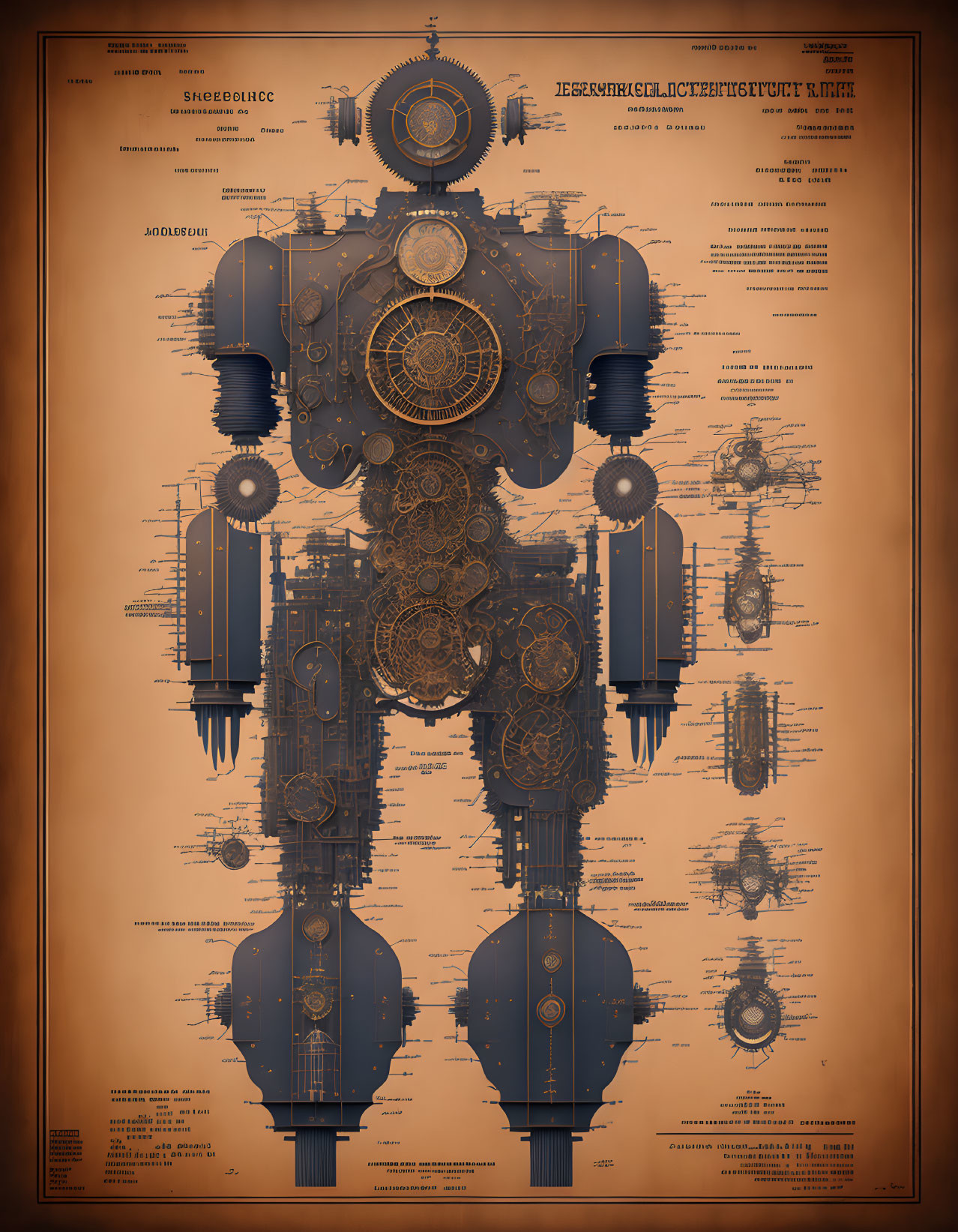 Detailed Vintage-Style Blueprint of Robotic Figure on Textured Background