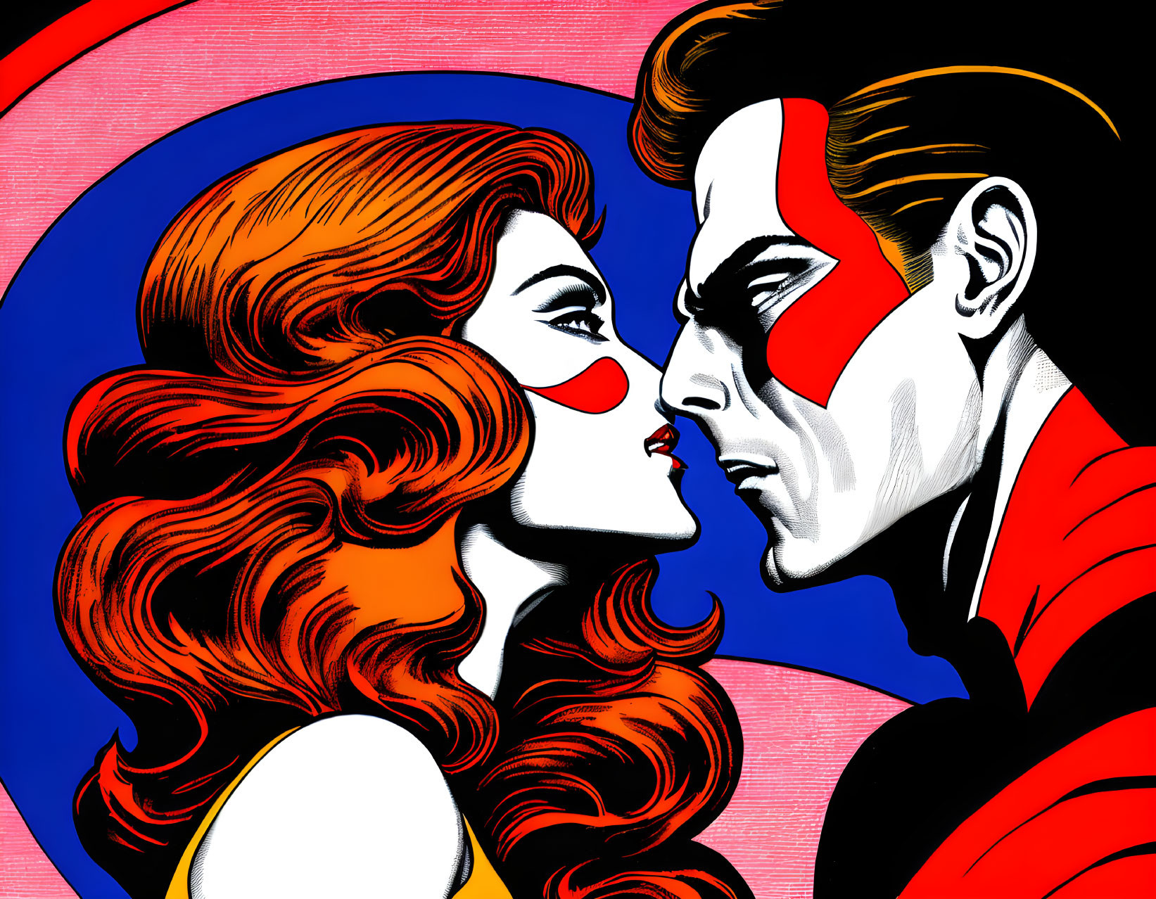 Colorful Pop Art Style Illustration of Man and Woman Kissing