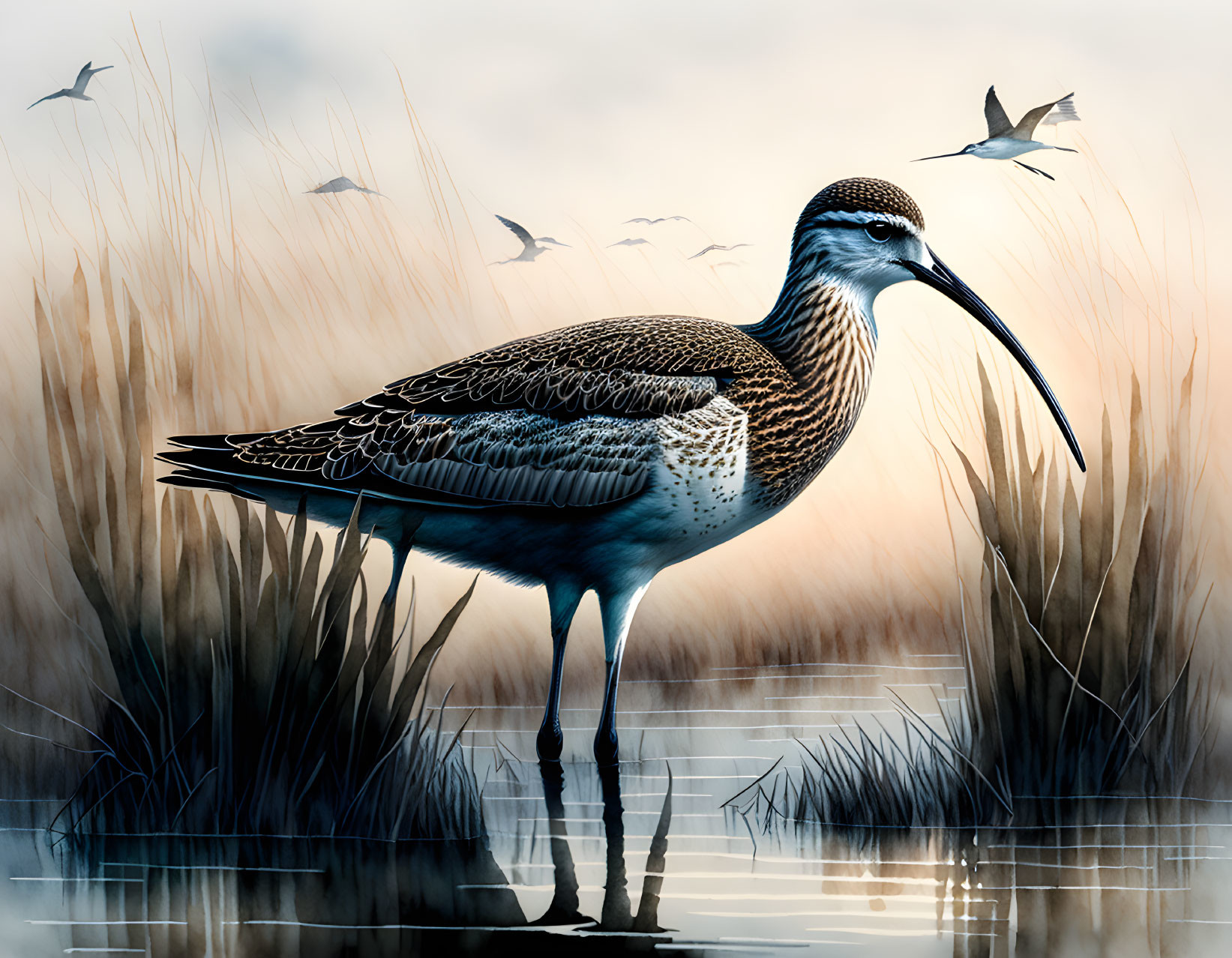 Realistic illustration of greater yellowlegs in shallow water with flying birds