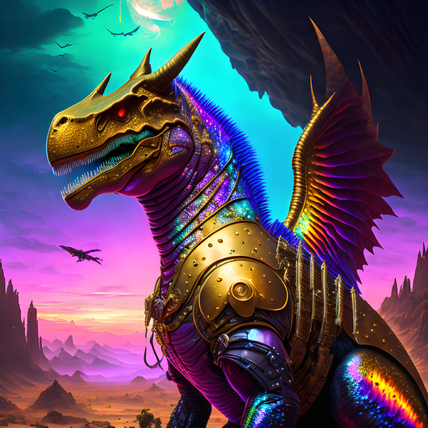 Colorful Dragon with Golden Horns and Armor in Fantasy Desert Scene