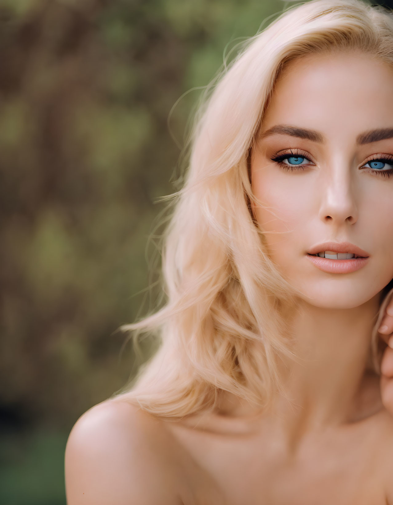 Blonde Woman Portrait with Blue Eyes and Green Background