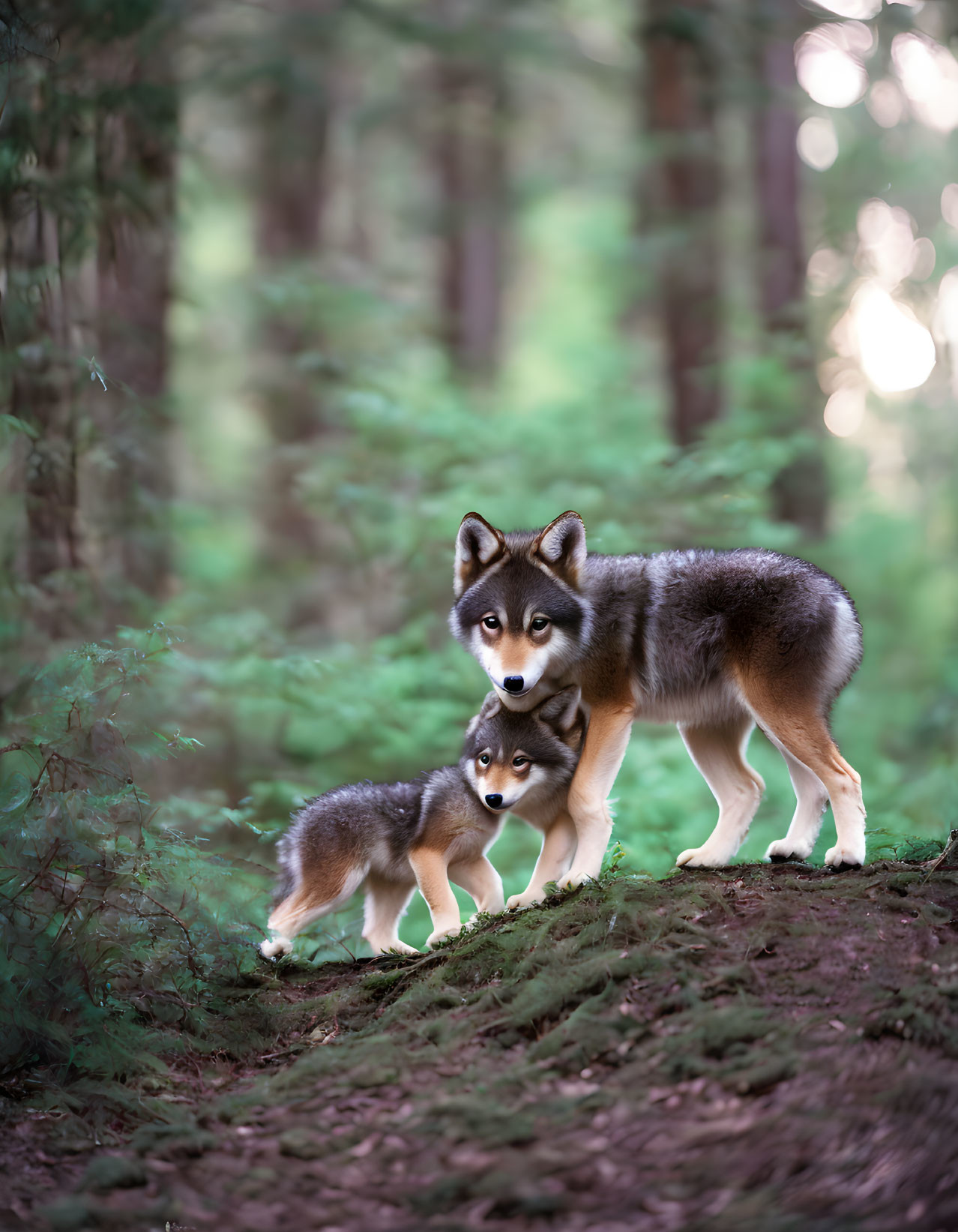 Adult and pup wolves in serene forest setting gaze together.