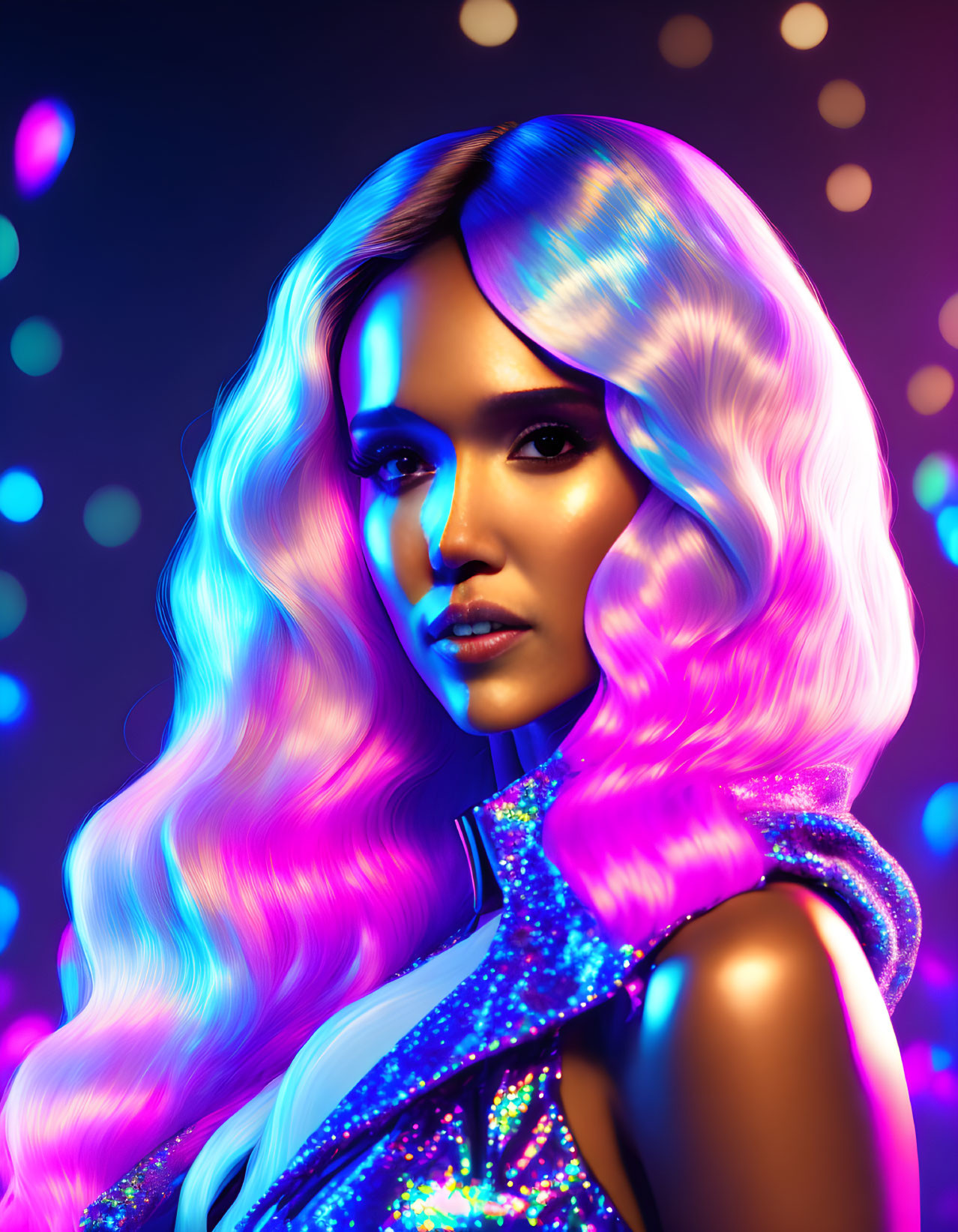 Portrait of Woman with Purple Hair in Sparkly Outfit and Colored Lights