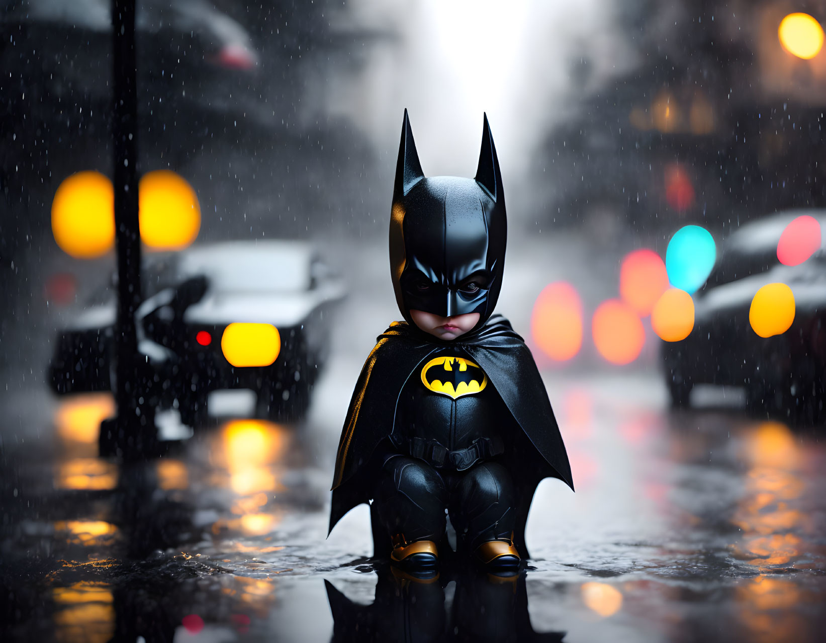 Child in Batman costume on wet night road with city lights in rain.