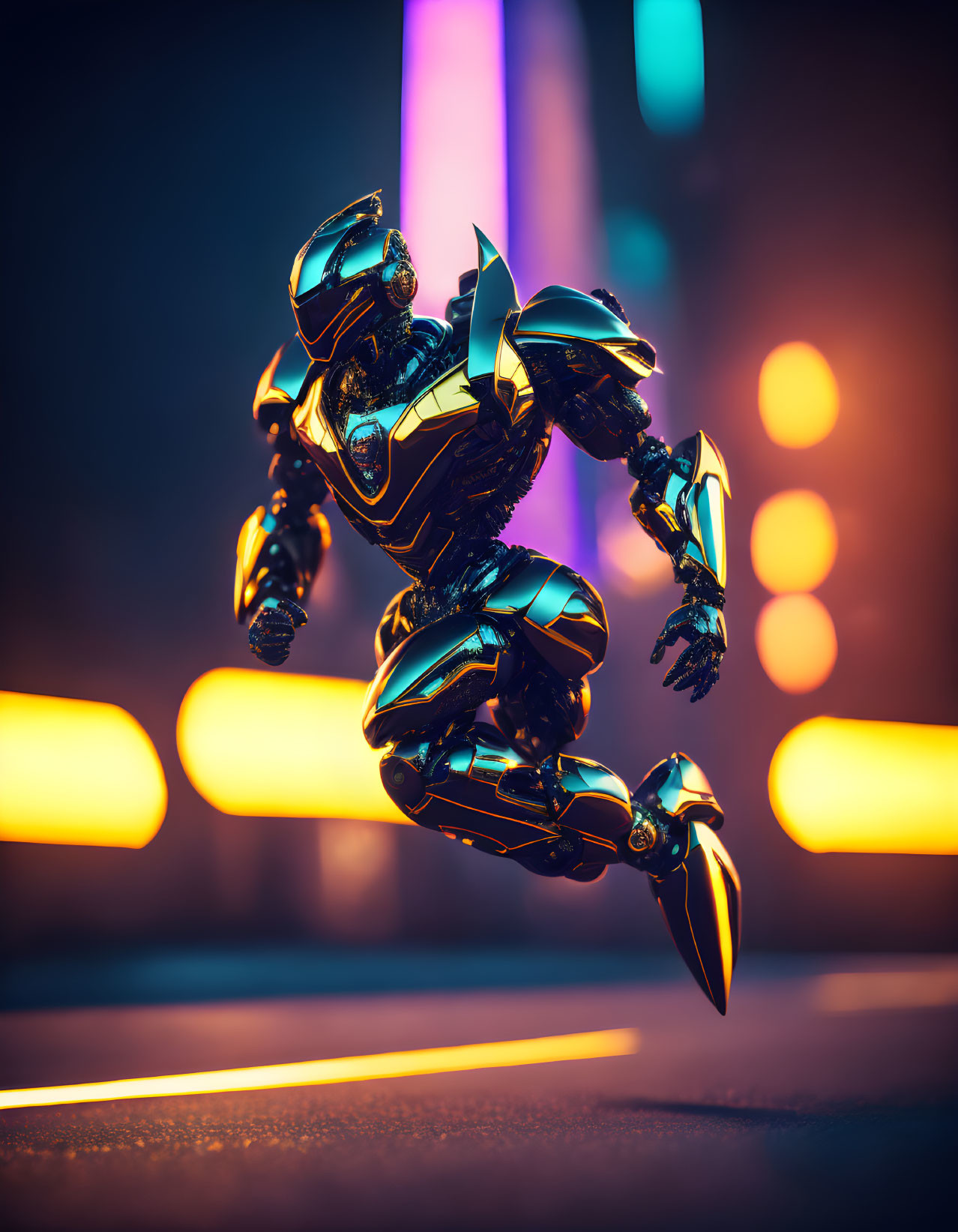 Futuristic armored robot in dynamic running pose with neon lights in urban sci-fi setting