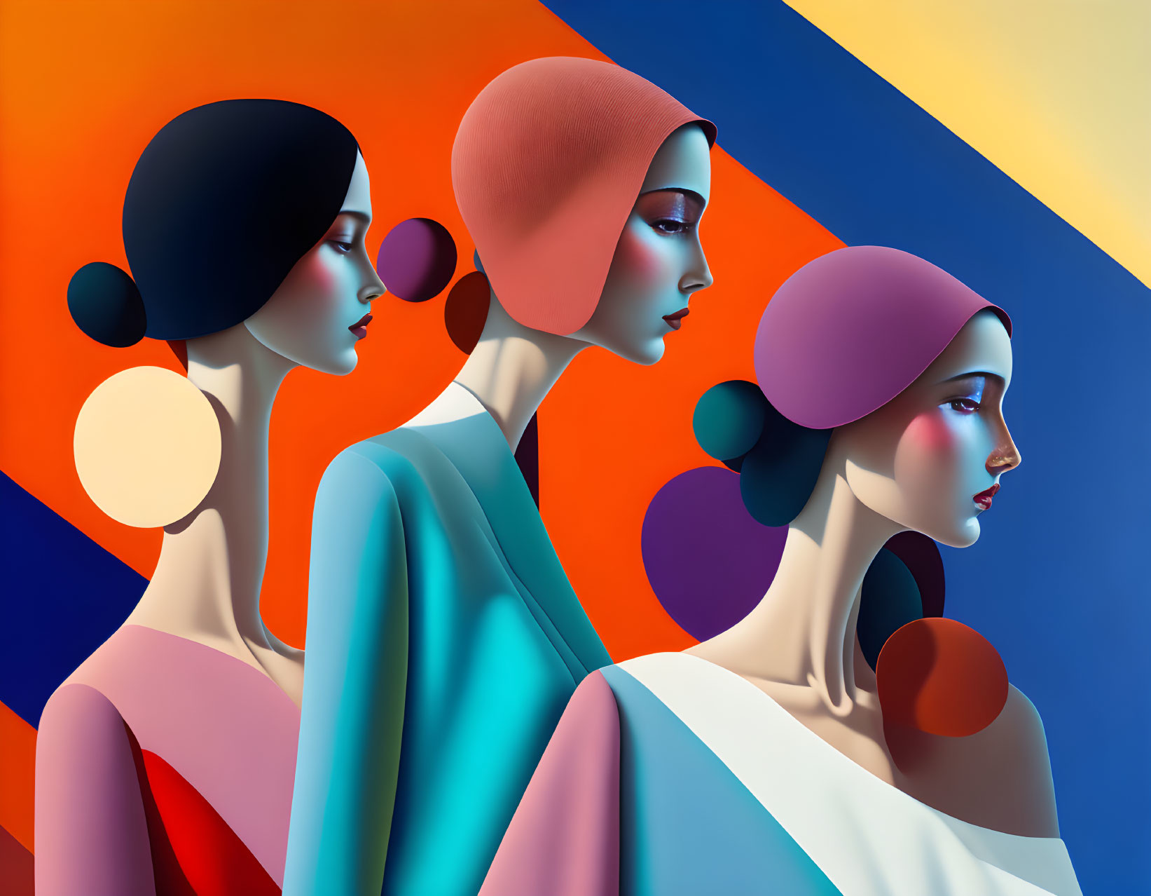 Abstract geometric female figures with bold colors and shadows