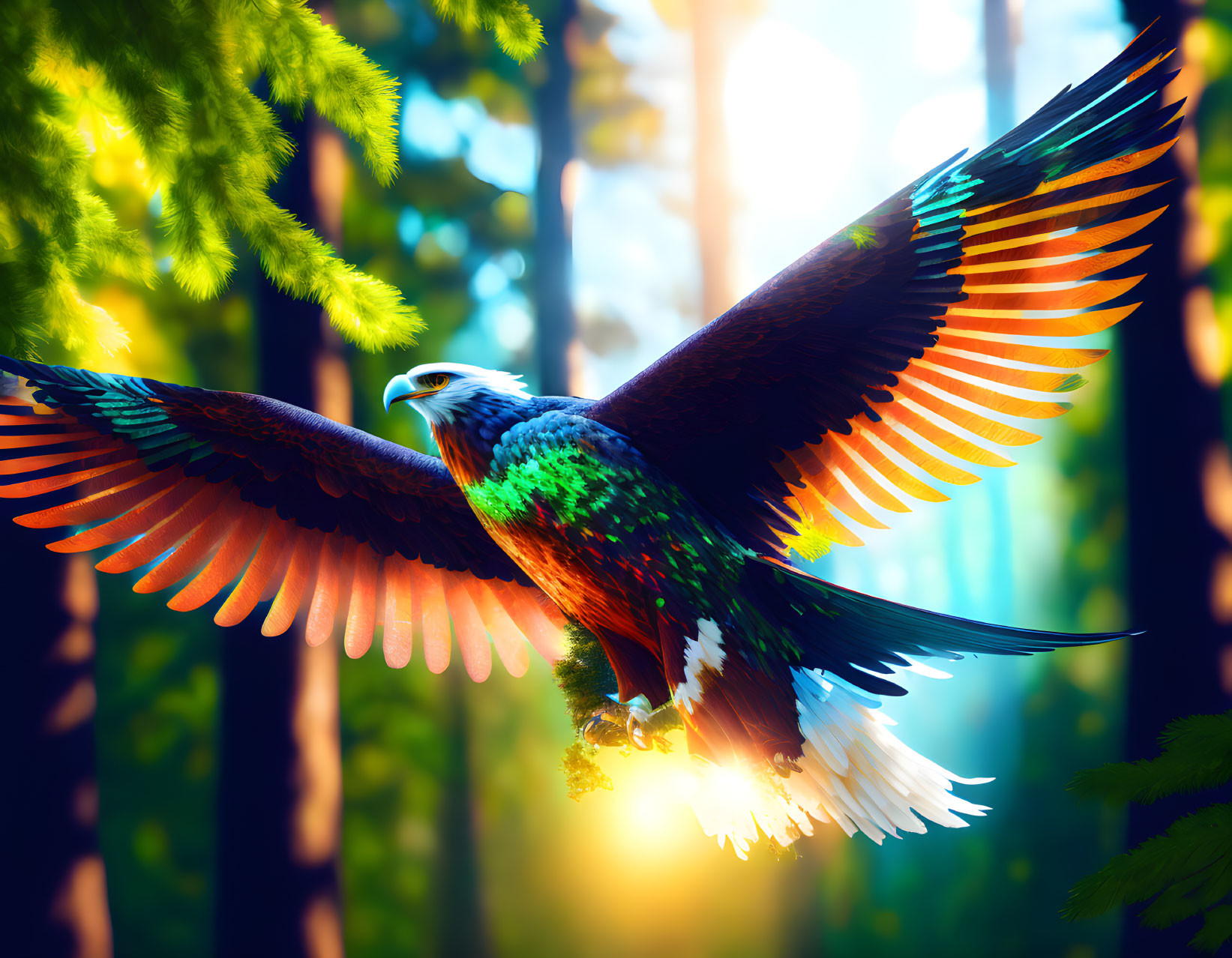 Majestic eagle flying with outstretched wings in forest sunlight