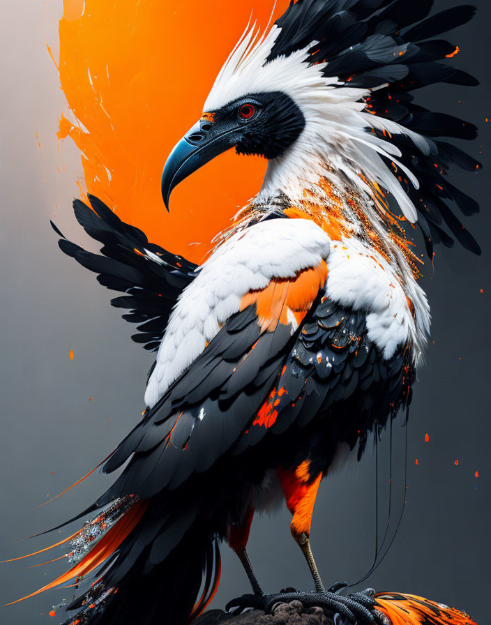 Majestic black and white eagle with orange accents on grey backdrop