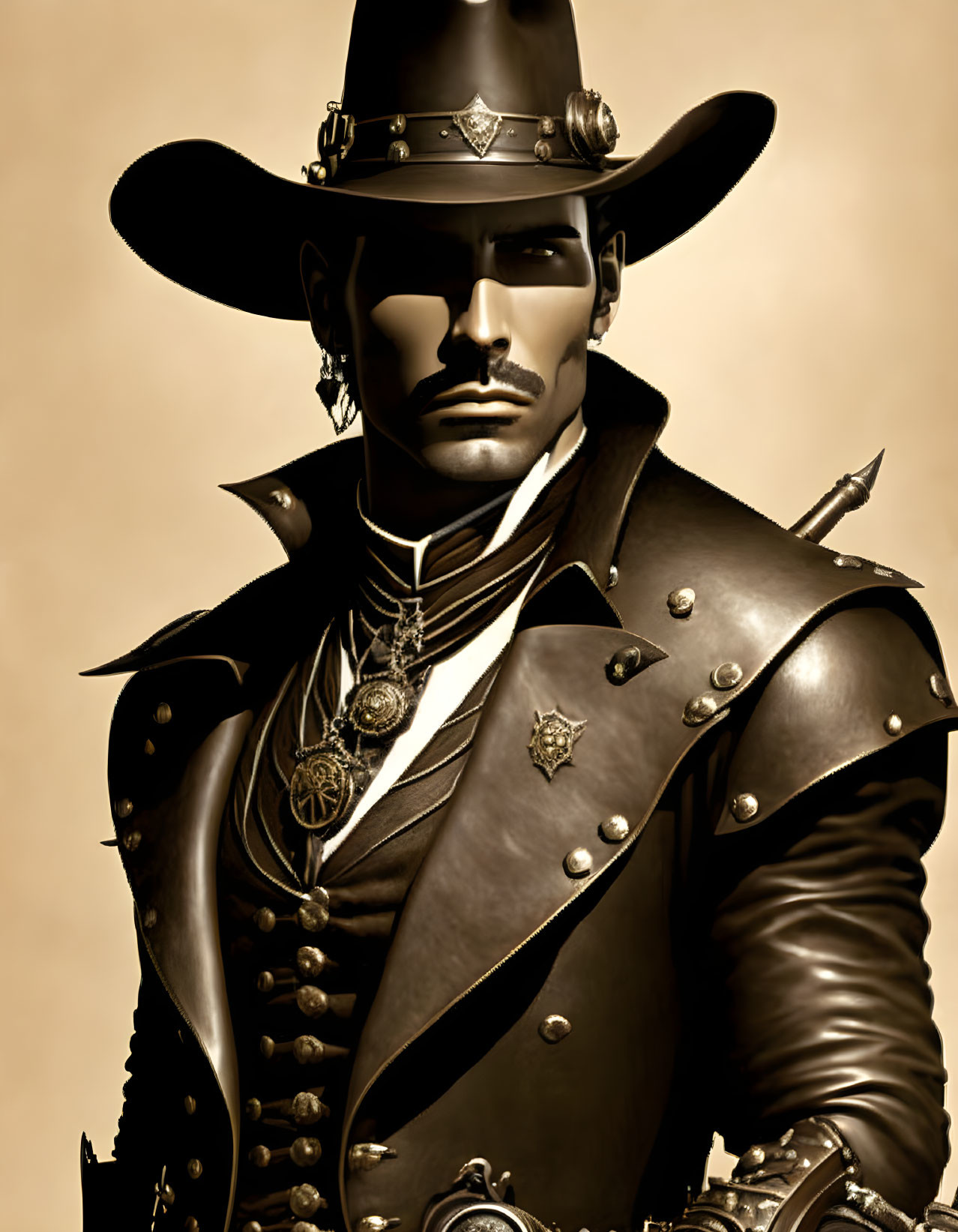 Sepia-Toned Stylized Cowboy Costume with Mystery Vibe