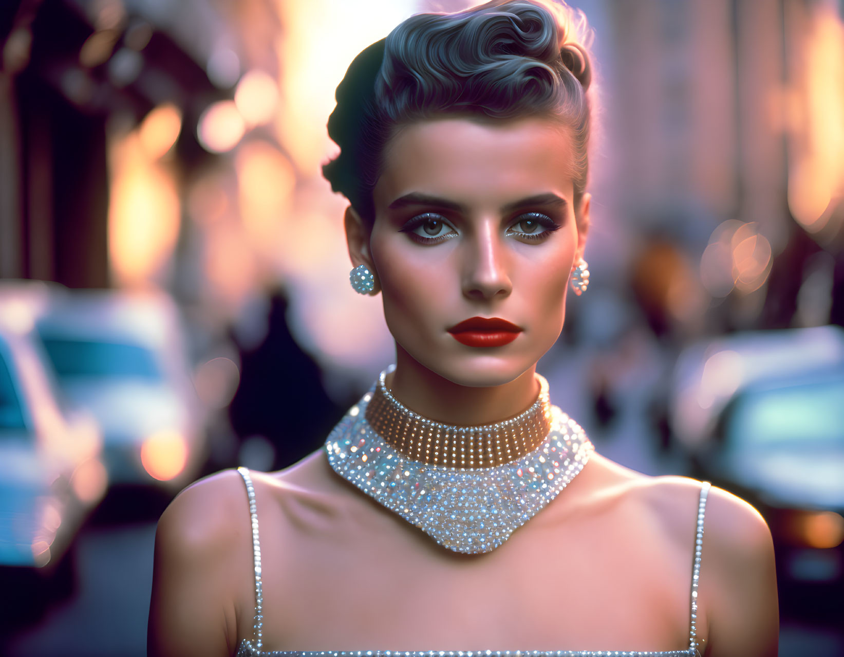 Vintage glam makeup, pearl jewelry, sequined dress: Elegant woman in updo against city backdrop